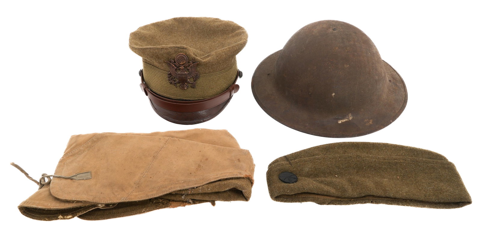 WWI US M1917 HELMET, VISOR, GARRISON & FIELD CAP: WWI US M1917 HELMET, VISOR, GARRISON & FIELD CAP WWI US M1917 Helmet, Visor, Winter and Field Caps. (1) M1917 Helmet. Partial liner. Chinstrap is missing. (1) Officer Visor Cap. Maker marked by Fechhe