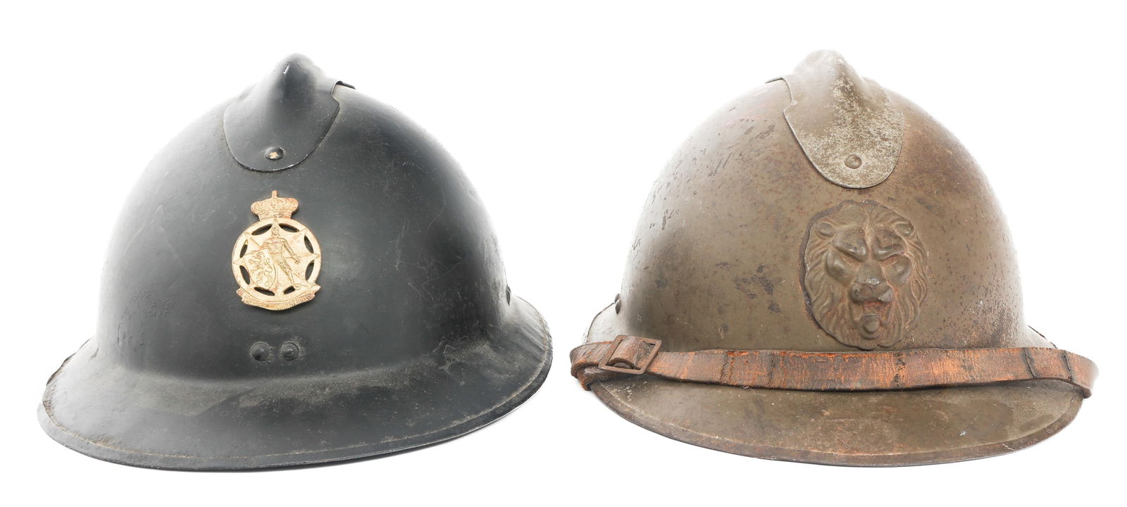 WWII BELGIAN INF. & CIVIL DEFENSE M26/31 HELMETS: WWII BELGIAN INF. & CIVIL DEFENSE M26/31 HELMETS WWII Belgian Infantry and Civil Defense M26/31 Adrian Helmets. (1) Infantry M26/31. Dark khaki painted shell. Frontal Lion head insignia. Chinstrap pre