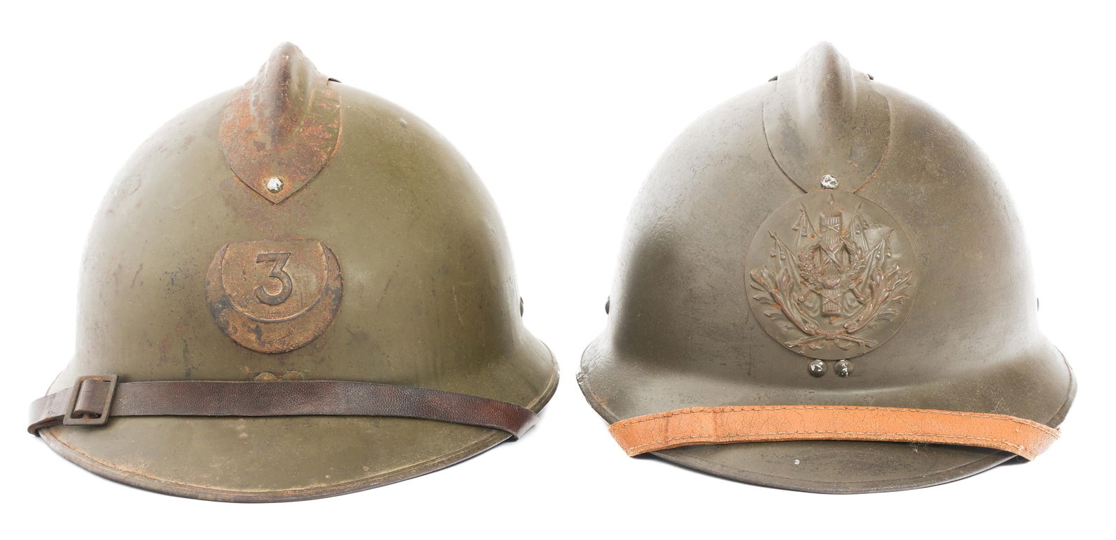 WWII FRENCH TIRAILLEUR & INTENDANCE M26 HELMETS: WWII FRENCH TIRAILLEUR & INTENDANCE M26 HELMETS WWII French 3rd Tirailleur Regiment and Intendance M26 Adrian Helmets. (1) African Army 3rd Tirailleur Regiment M26. Olive green painted shell. Frontal