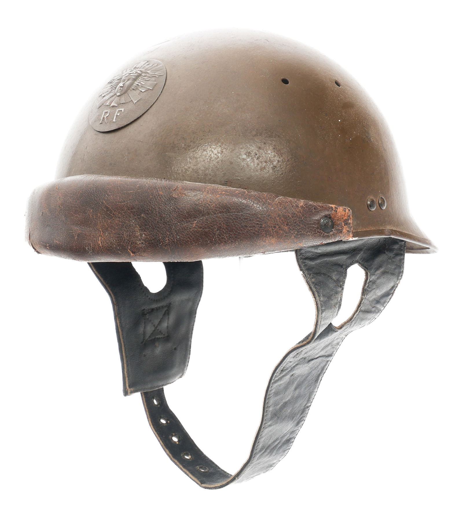 FRENCH MODEL 1935 TANKER HELMET: FRENCH MODEL 1935 TANKER HELMET French Model 1935 Tanker Helmet. Artillery Front Badge. Leather liner and chinstrap. No visible marks.