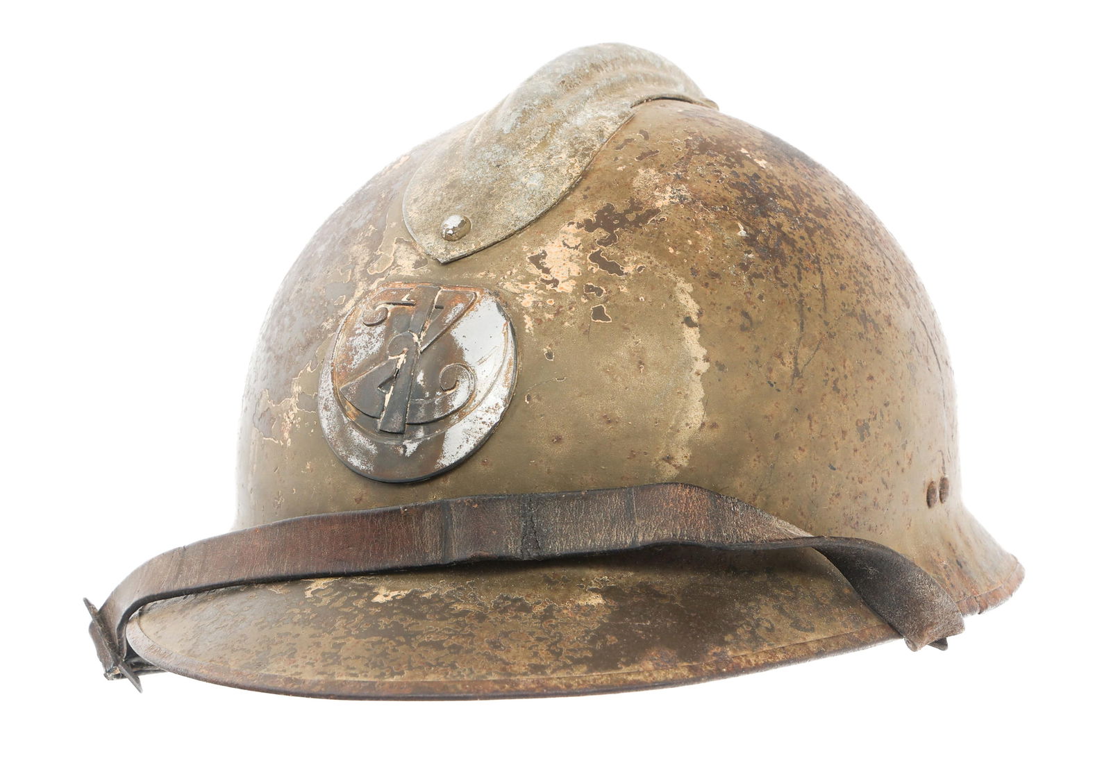 FRENCH M26 ADRIAN 1st ZOUAVE REGIMENT HELMET: FRENCH M26 ADRIAN 1st ZOUAVE REGIMENT HELMET French M26 Adrian 1st Zouave Regiment Helmet. 1st Zouve front badge. Six tongue leather liner with drawstring. Leather chinstrap.