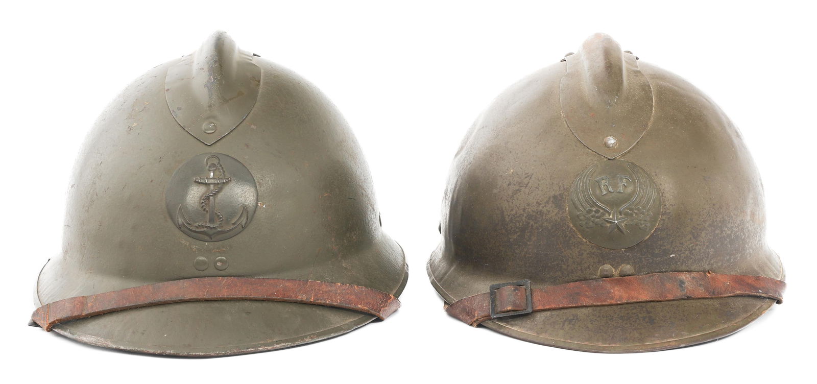 WWII FRENCH AIR FORCE & COLONIAL INF. M26 HELMETS: WWII FRENCH AIR FORCE & COLONIAL INF. M26 HELMETS WWII French Air Force and Colonial Infantry M26 Adrian Helmets. (1) Air Force M26. Olive green painted shell. Frontal RF AF insignia. Complete liner a