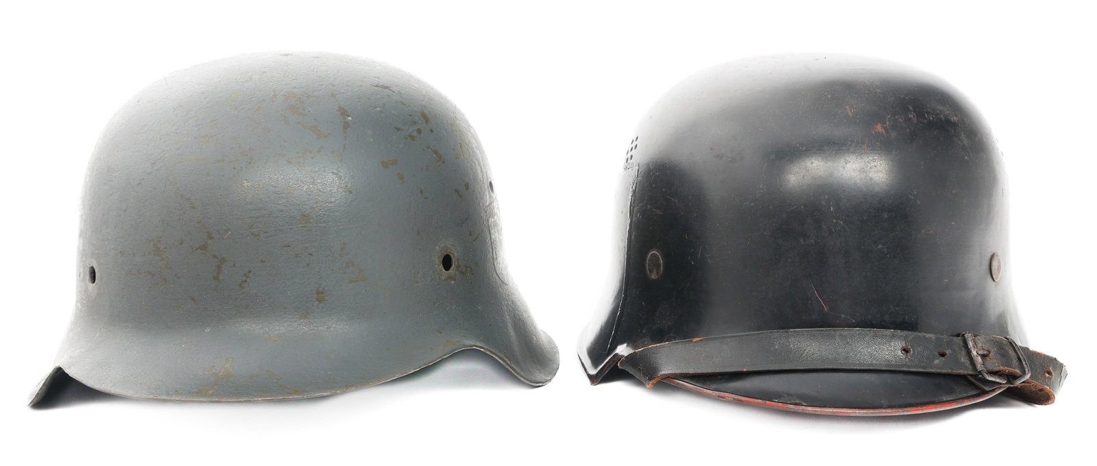 WWII GERMAN DD FIRE POLICE & REPAINTED M42 HELMETS: WWII GERMAN DD FIRE POLICE & REPAINTED M42 HELMETS WWII German DD Fire Police and Repainted M42 Helmets. (1) DD Police Helmet. NSDAP and German Police decals. Complete liner with drawstring. Stamped 5