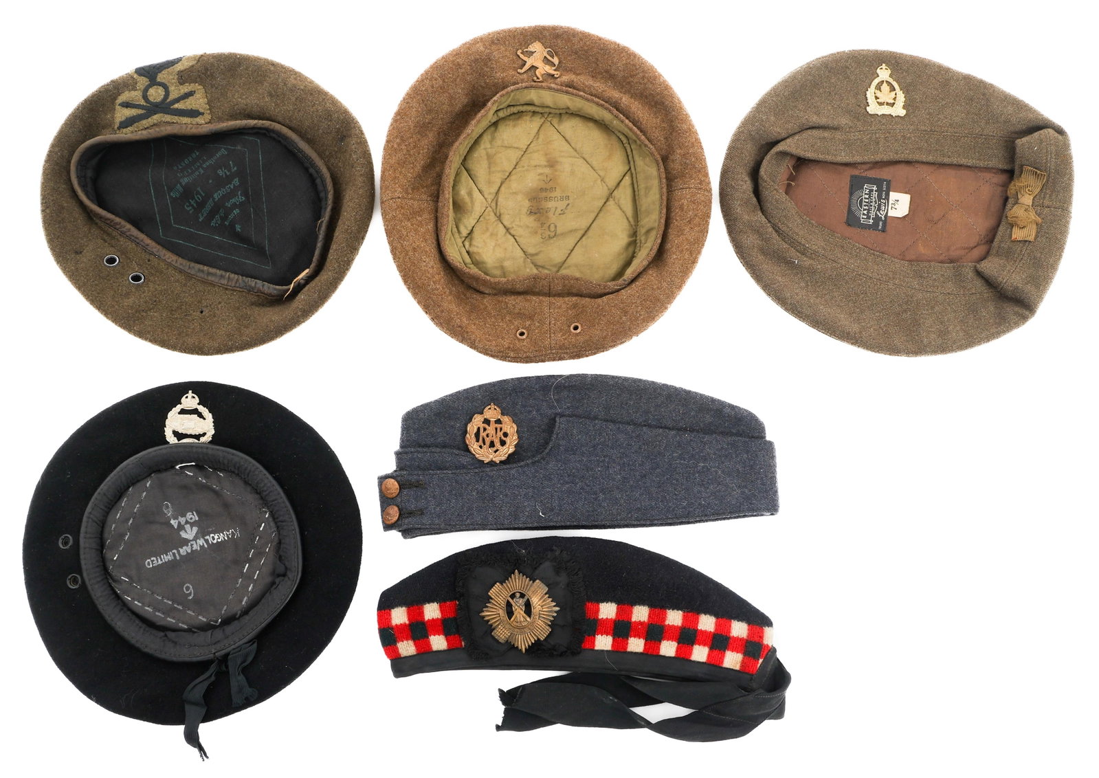 WWII BRITISH AND BELGIUM ARMY HEADGEAR: WWII BRITISH AND BELGIUM ARMY HEADGEAR WWII British and Belgium Army Headgear. (1) British tanker black beret dated 1944, size 6. (1) Canadian Columbia Dragoon beret.7.3/4. (1) RAF overseas cap, size 