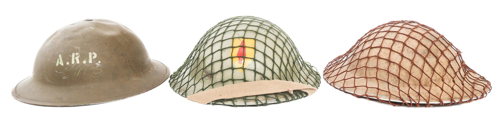 WWII BRITISH ARMY MKII COMBAT HELMETS: WWII BRITISH ARMY MKII COMBAT HELMETS Three WWII British Army MkII Combat Helmets. Liners and chinstraps present. Two include camouflage netting.