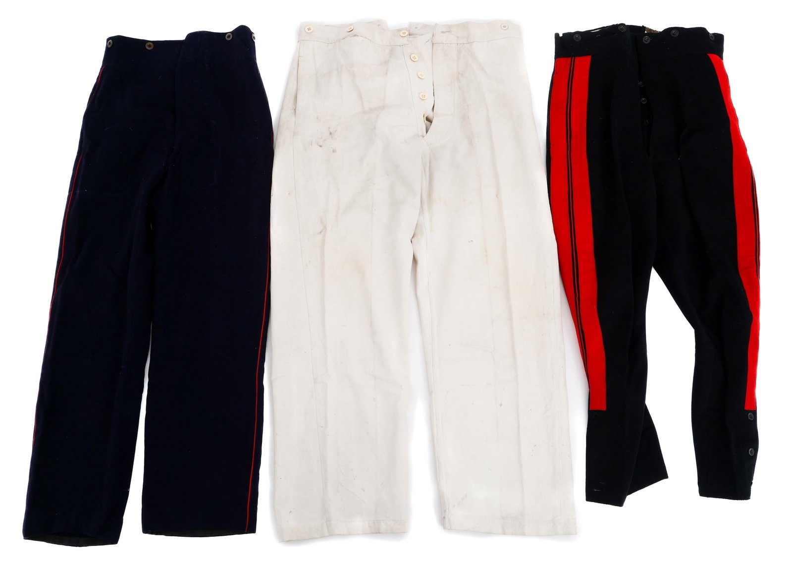 19th C. FRENCH OFFICER & BOURGERON TROUSERS: 19th C. FRENCH OFFICER & BOURGERON TROUSERS Late 19th Century French Artillery Officer, Infantry White Bourgeron and Colonial Infantry Trousers. (1) Pair Artillery Officer Trousers. Stamped 79 inside 