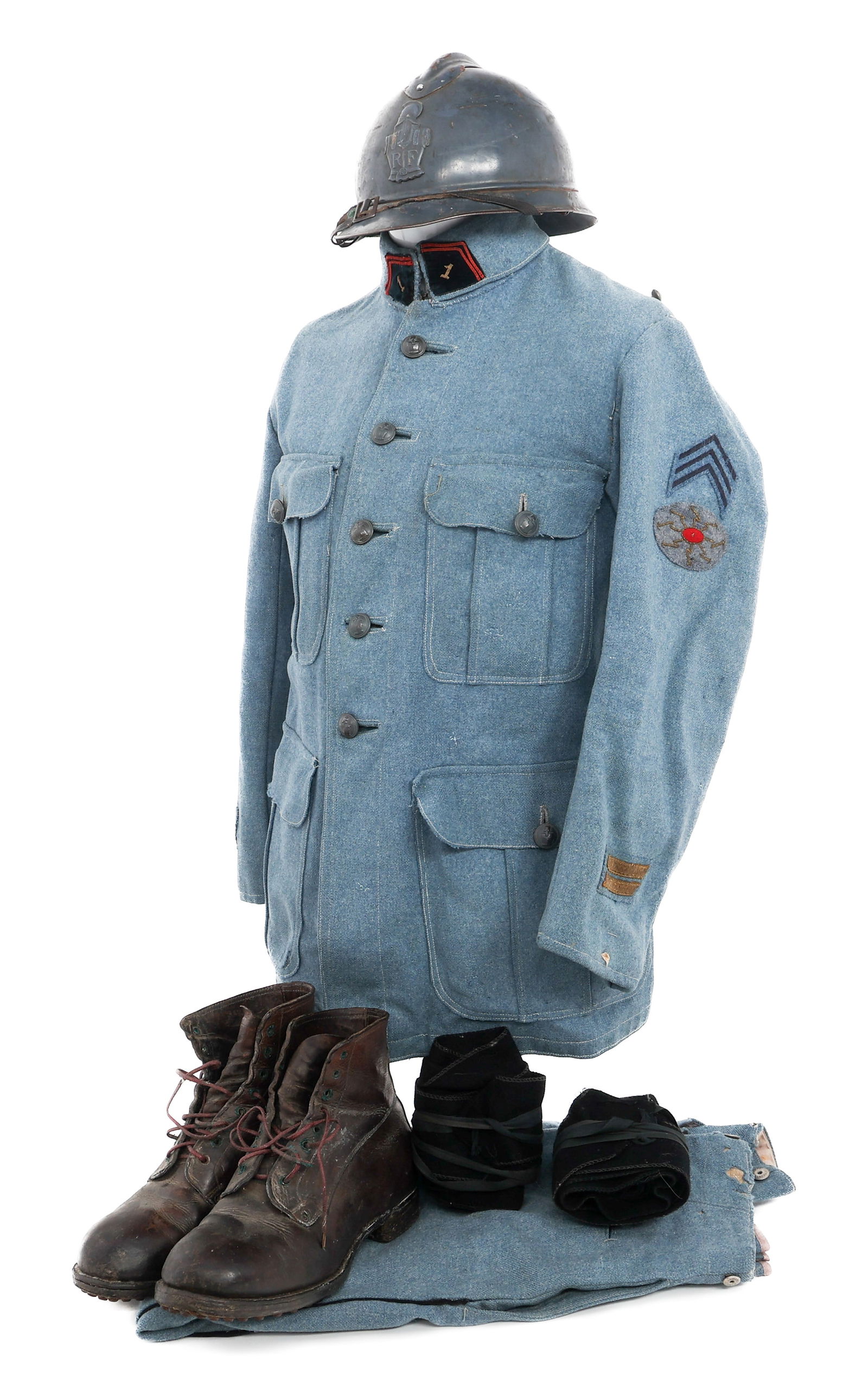 WWI FRENCH 1st ENGINEERS NCO UNIFORM SET: WWI FRENCH 1st ENGINEERS NCO UNIFORM SET WWI French 1st Engineer Regiment NCO Uniform Set. (1) Horizon Blue Wool NCO Service Tunic. Bullion telegraph trade patch, Sergeant rank insignia, 1st Engineer