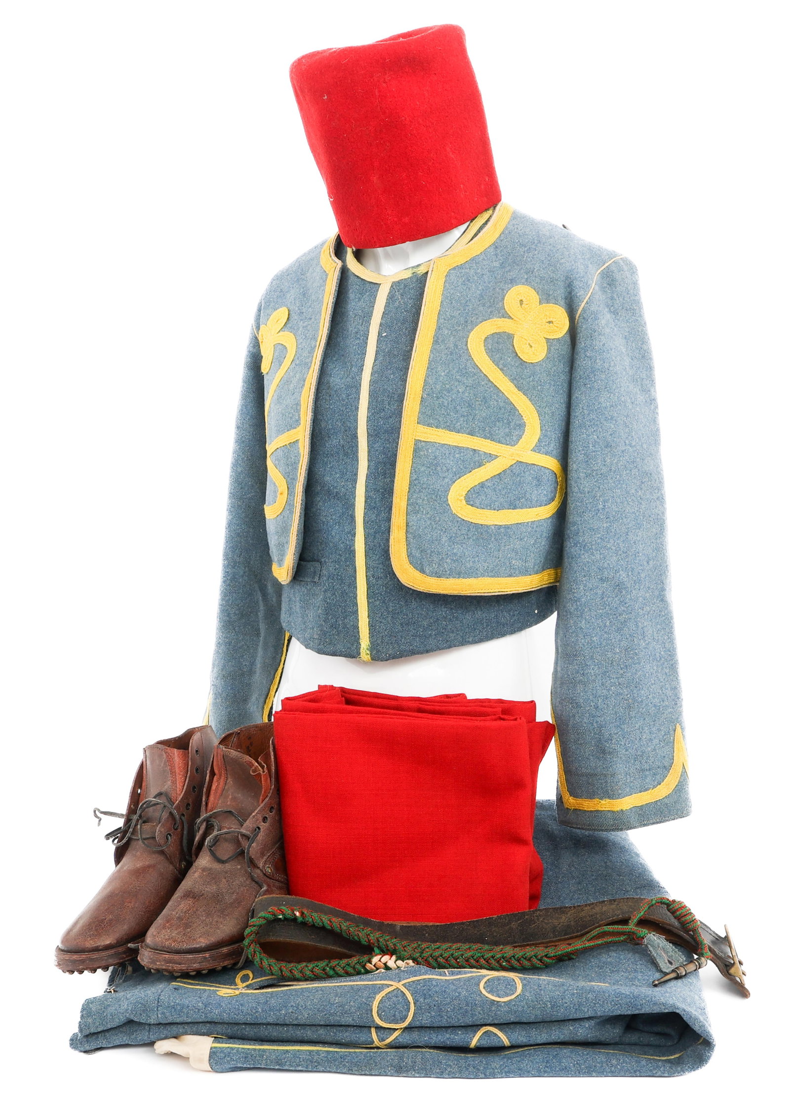 WWI FRENCH ALGERIAN TIRAILLEUR UNIFORM SET: WWI FRENCH ALGERIAN TIRAILLEUR UNIFORM SET WWI French Algerian Tirailleur Uniform Set. (1) Light blue wool jacket with Private rank insignia, depot & faded regimental markings on the interior. Pair of