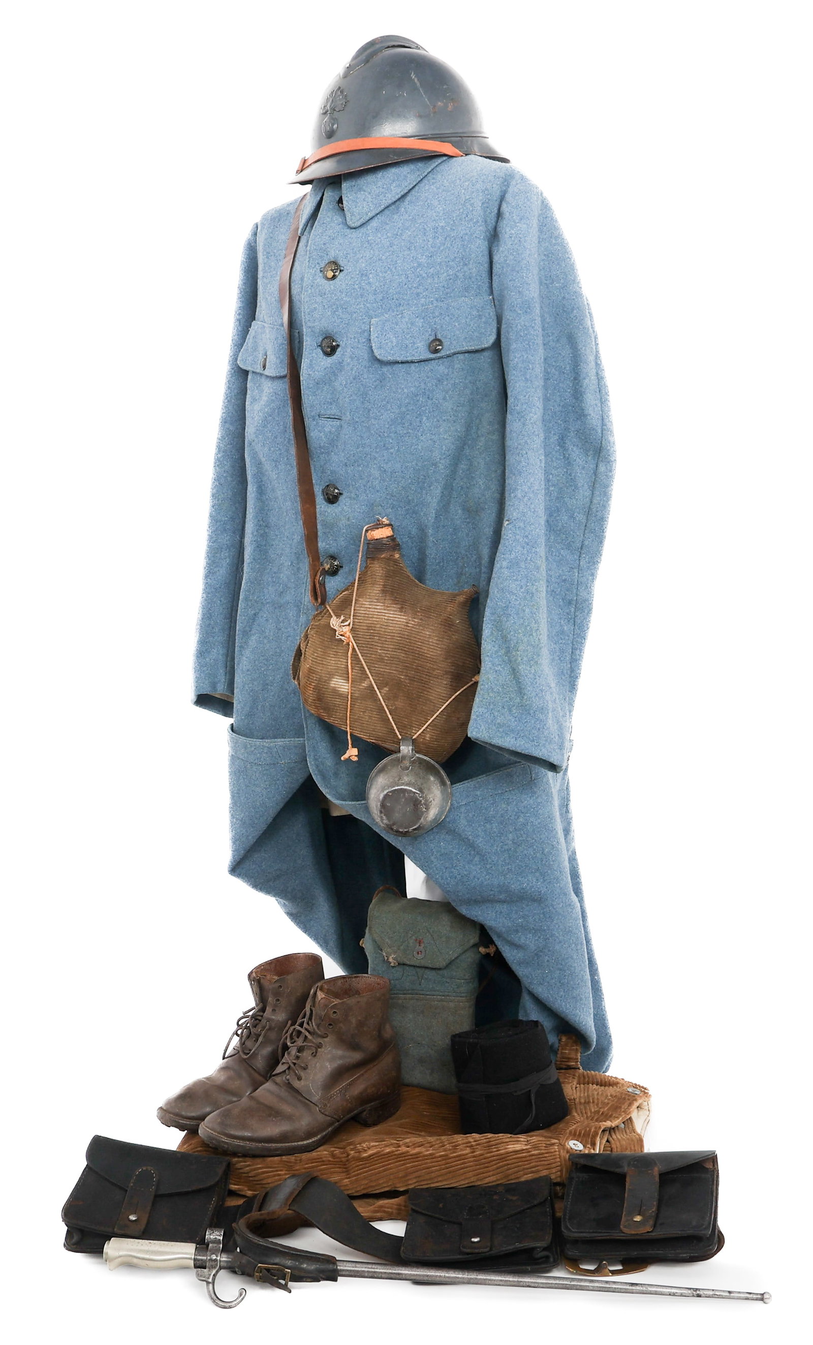 WWI FRENCH 24th INF CAPOTE POIRET TYPE 3 & GEAR: WWI FRENCH 24th INF CAPOTE POIRET TYPE 3 & GEAR WWI French 24th Infantry Model 1914 Capote Poiret Type 3 Greatcoat and Field Gear. (1) M1914 Capote Poiret Type 3 Greatcoat. Horizon blue wool. Single-b