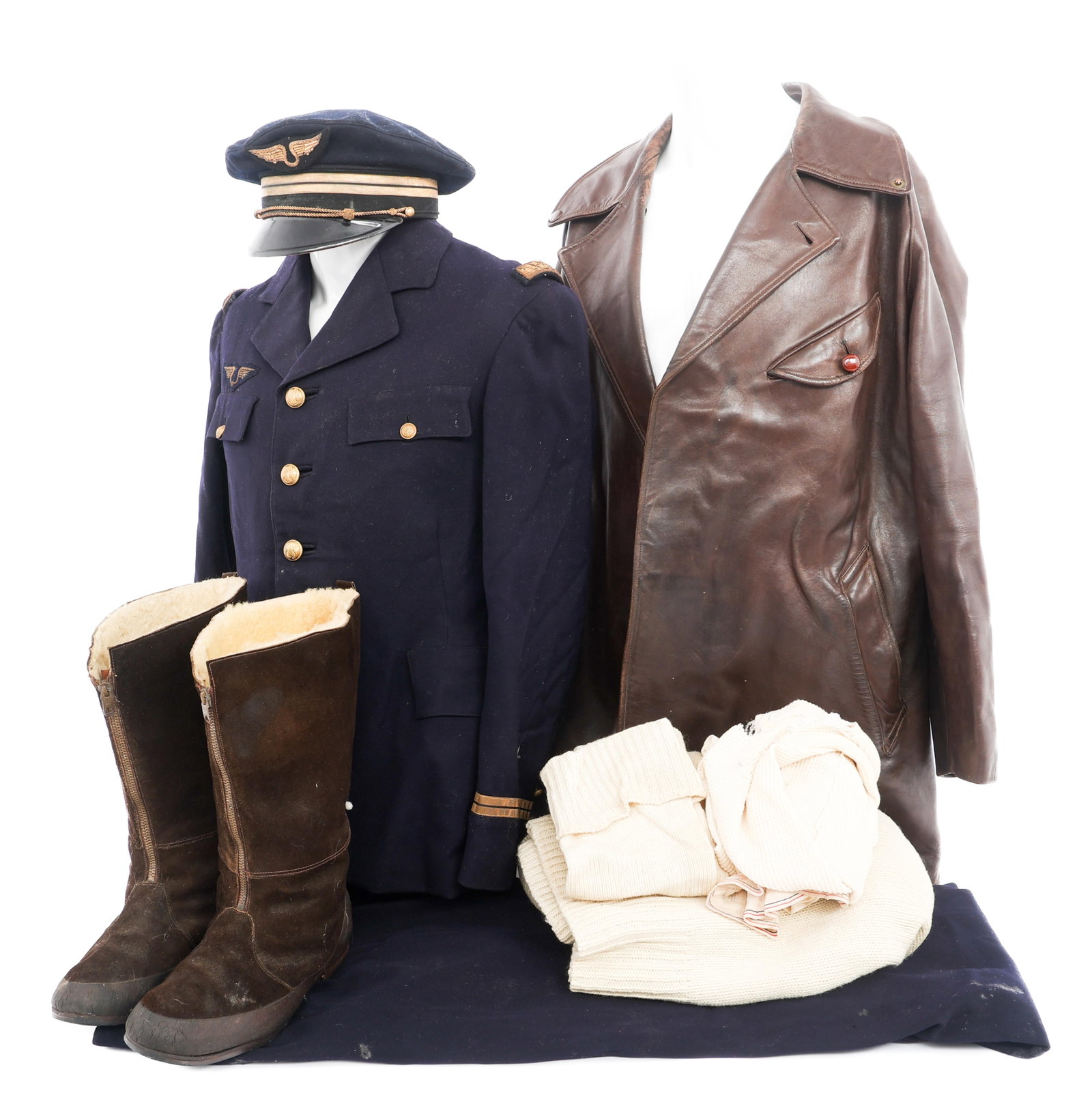WWII FRENCH NORMANDIE-NIEMEN PILOT UNIFORM SET: WWII FRENCH NORMANDIE-NIEMEN PILOT UNIFORM SET WWII French Normandie-Niemen Squadron Pilot Uniform & Flight Gear Set. (1) Leather Flight Jacket. Maker marked by Lemercier-Aviation, Paris on the interi