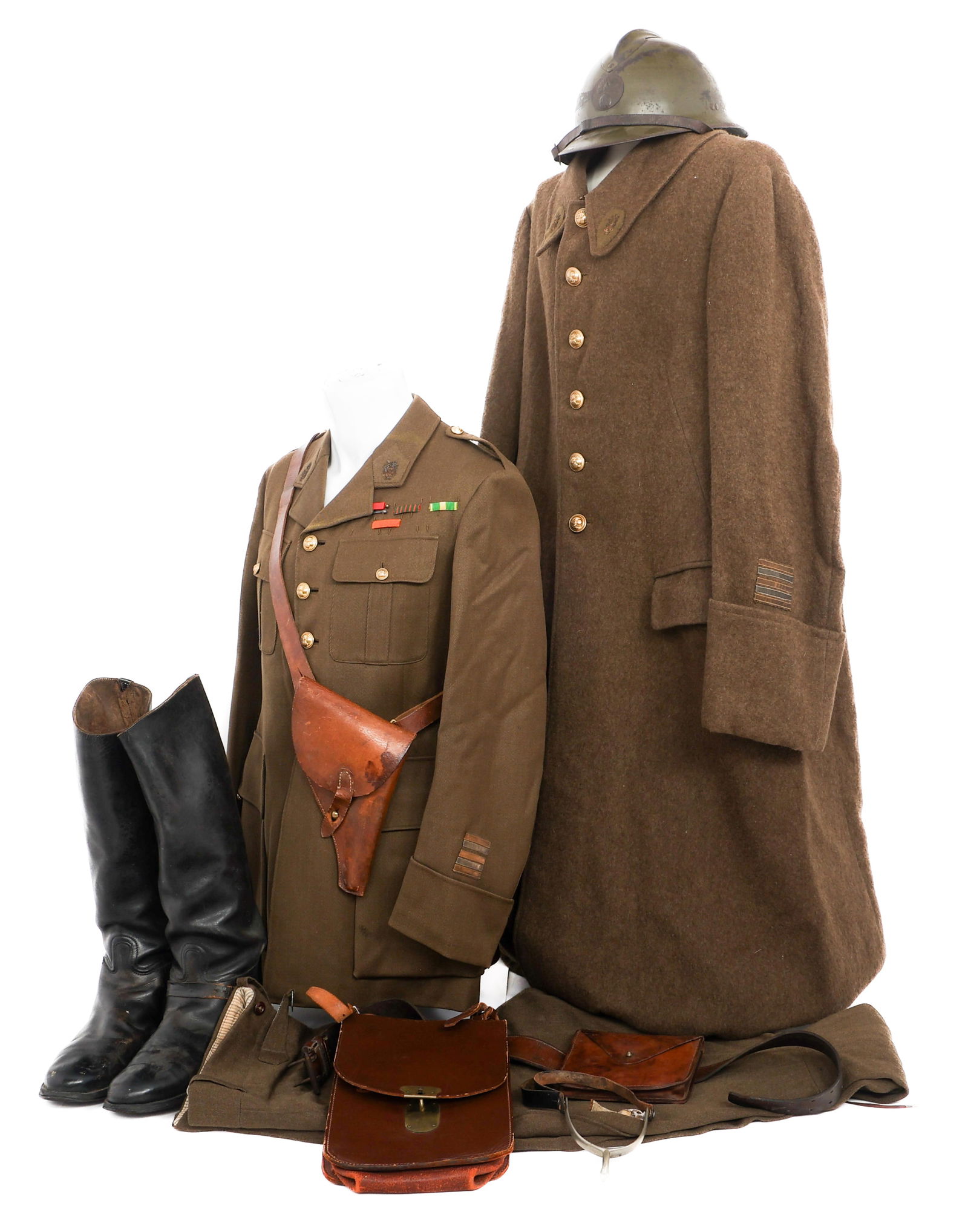 WWII FRENCH INFANTRY STAFF OFFICER UNIFORM SET: WWII FRENCH INFANTRY STAFF OFFICER UNIFORM SET WWII French Infantry Staff Officer Uniform Set. (1) Khaki fine wool service tunic with bullion Staff Officer collar tabs, Lieutenant Colonel rank insigni