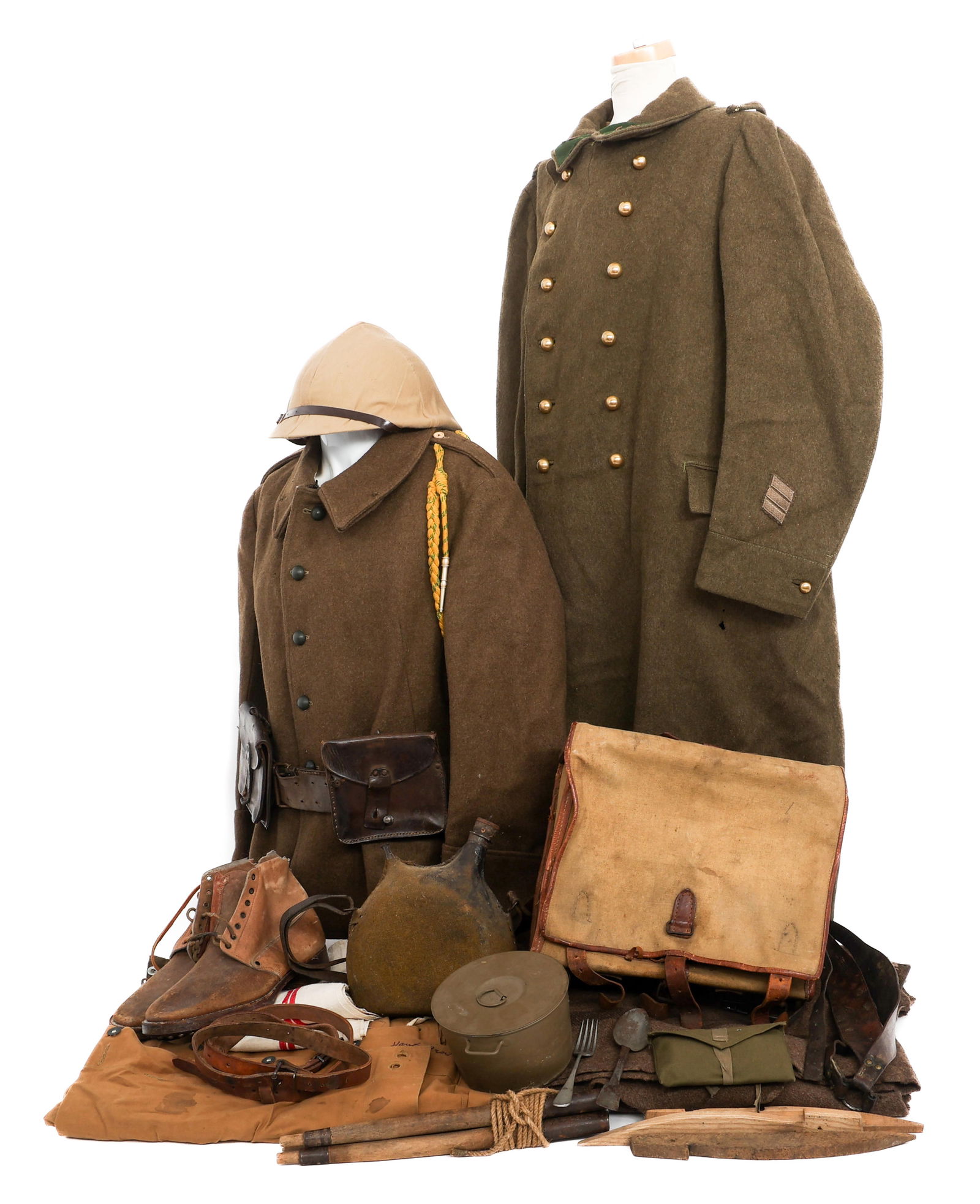 WWII FRENCH 15th REGIMENT UNIFORM & FIELD GEAR SET: WWII FRENCH 15th REGIMENT UNIFORM & FIELD GEAR SET WWII French 15th Regiment Uniform Set. (1) M35 Greatcoat with collar tabs. (1) M28 Wool Uniform. Tunic and breeches. (1) M1877/35 Canteen. (1) M25 Ad