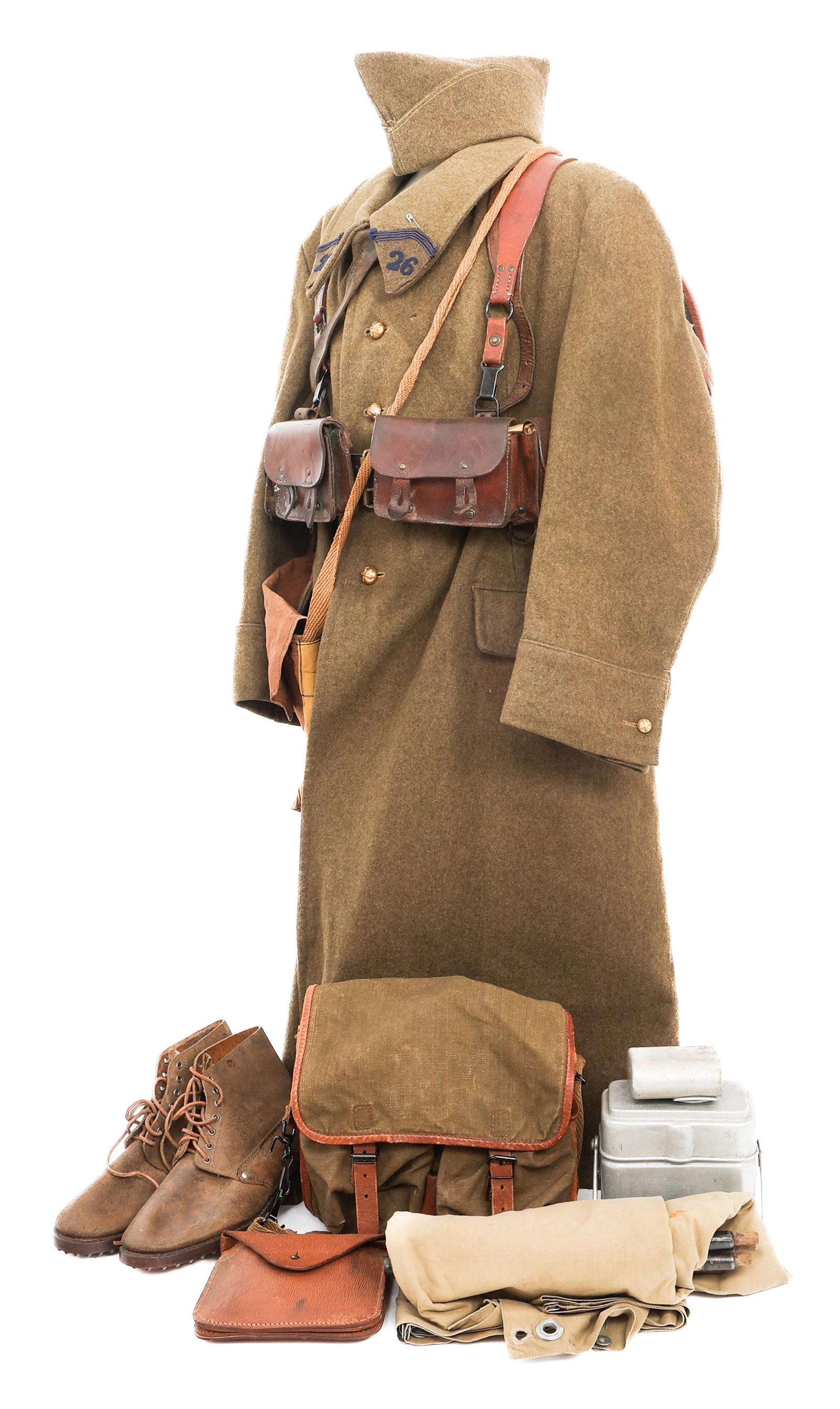 WWII FRENCH ARTILLERY UNIFORM & FIELD GEAR SET: WWII FRENCH ARTILLERY UNIFORM & FIELD GEAR SET WWII French 26th Artillery Regiment Uniform and Field Gear set. Includes: (1) Enlisted man overcoat with artillery buttons and 26th infantry collars (not