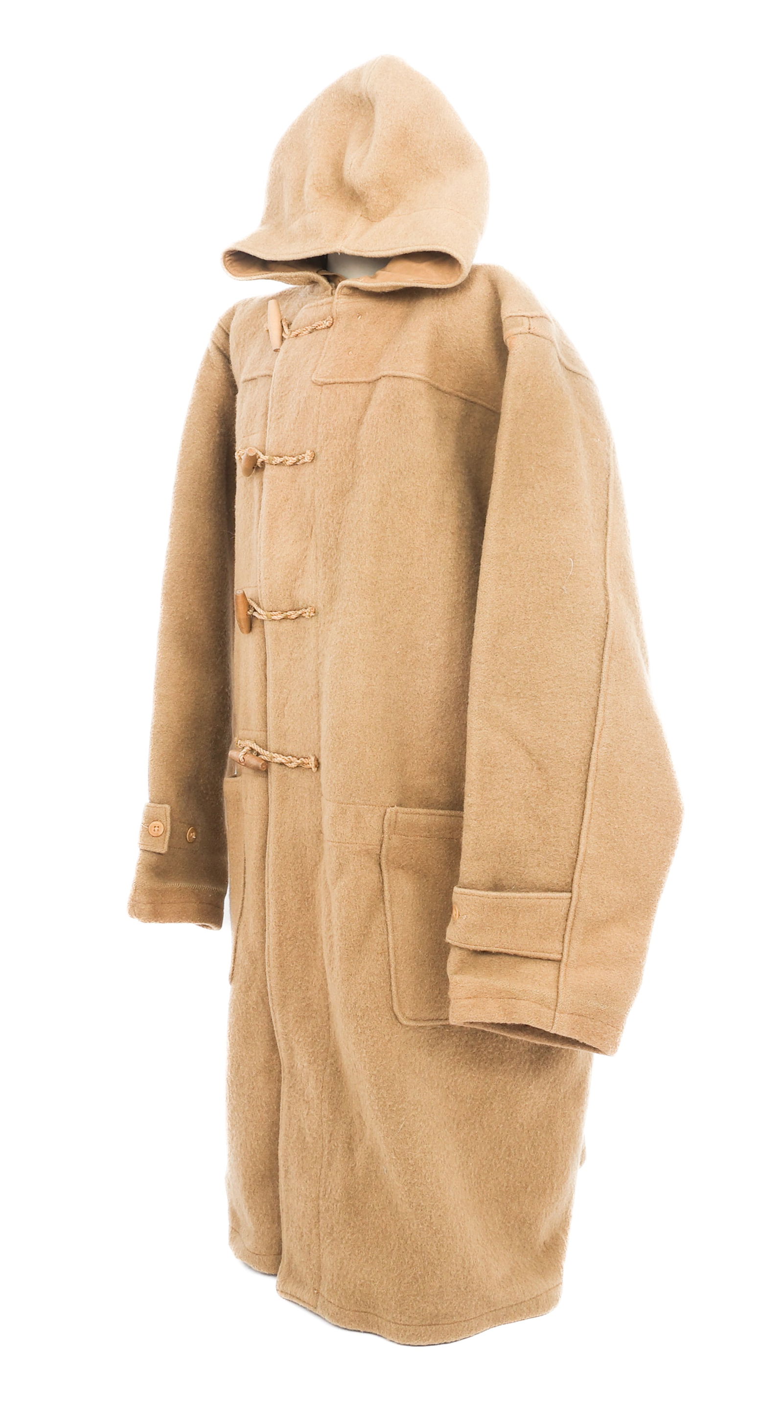 WWII BRITISH ROYAL NAVY DUFFEL COAT: WWII BRITISH ROYAL NAVY DUFFEL COAT WWII British Royal Navy Duffel Coat. Khaki wool construction with wood toggle buttons and hood. No visible tags or stamps. Size: Medium