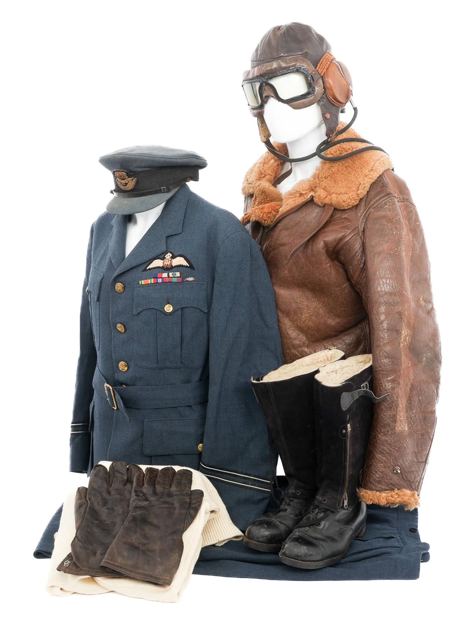 WWII BRITISH RAF PILOT UNIFORM, HELMET & GEAR: WWII BRITISH RAF PILOT UNIFORM, HELMET & GEAR WWII British RAF Pilot Uniform, Flying Helmet and Gear. (1) Uniform. Four-pocket, blue, fine wool tunic with Flight Lieutenant cuff rank, ribbon bar and R