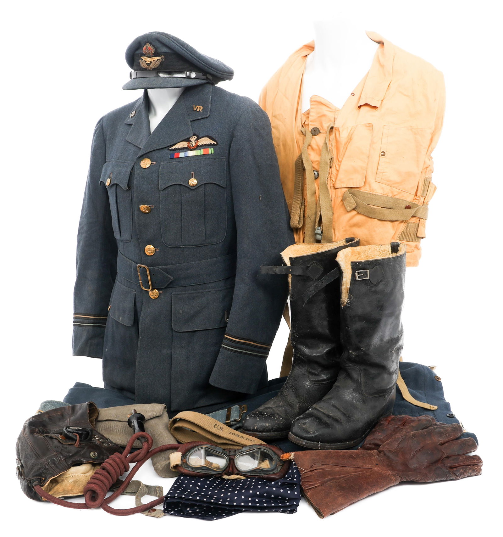 WWII BRITISH RAF OFFICER UNIFORM & FLIGHT GEAR: WWII BRITISH RAF OFFICER UNIFORM & FLIGHT GEAR WWII British RAF Volunteer Officer Uniform & Flight Gear. (1) Grey-Blue Wool Service Tunic. Embroidered pilot wings, Flight Lieutenant cuff insignia, Vol