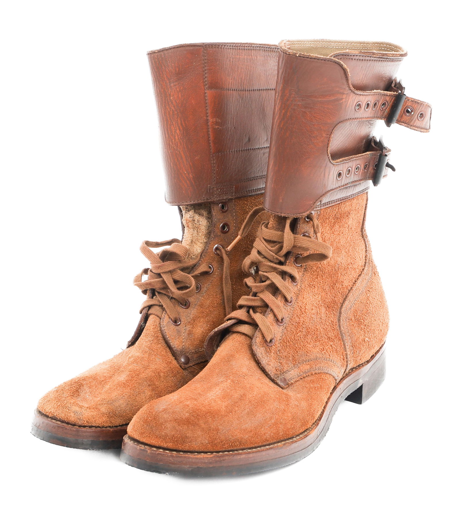 WWII US ARMY M43 DOUBLE BUCKLE COMBAT BOOTS: WWII US ARMY M43 DOUBLE BUCKLE COMBAT BOOTS WWII Us Army M43 Double Buckle Combat Boots. Maker marked, dated 1944. Size: 11.1/2