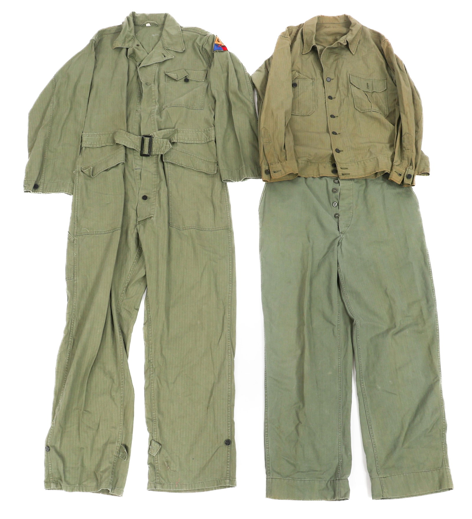 WWII US ARMY HBT COMBAT UNIFORM & COVERALLS: WWII US ARMY HBT COMBAT UNIFORM & COVERALLS WWII US Army HBT Combat Uniform and Coveralls. (1) HBT Combat Shirt. 13 star steel buttons. Size: 44R. (1) Pair of HBT Trousers. Wood buttons. (1) Pair of H