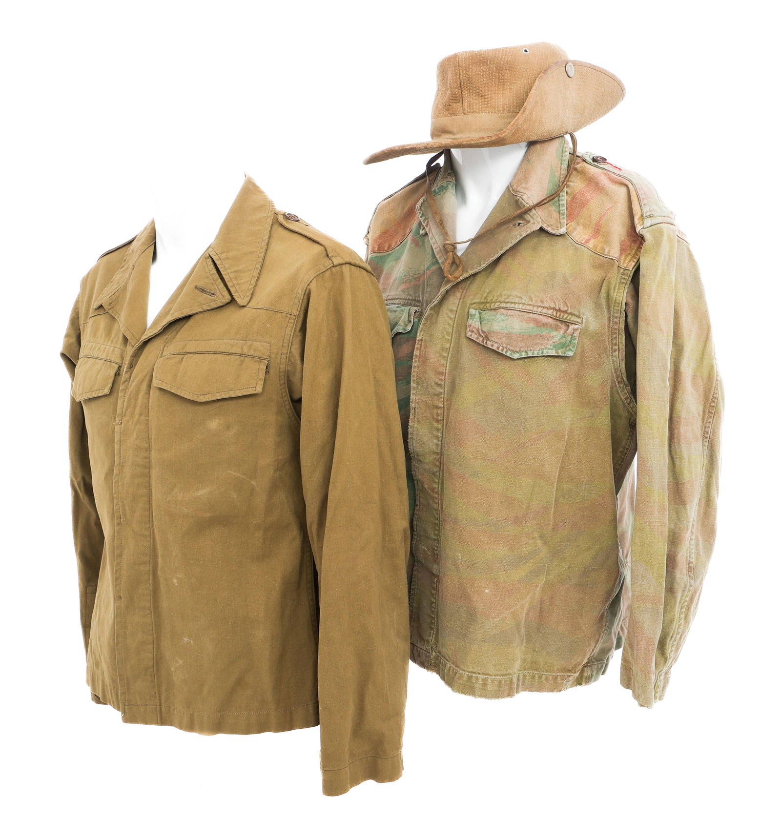 INDOCHINA WAR ARVN P47 THEATER MADE HAT & JACKETS: INDOCHINA WAR ARVN P47 THEATER MADE HAT & JACKETS Indochina War ARVN P47 Theater Made Hat and Jackets. (1) Bush Hat. Stamps present on the inside. (1) Theater Made P47 Service Jacket. Stamps present o