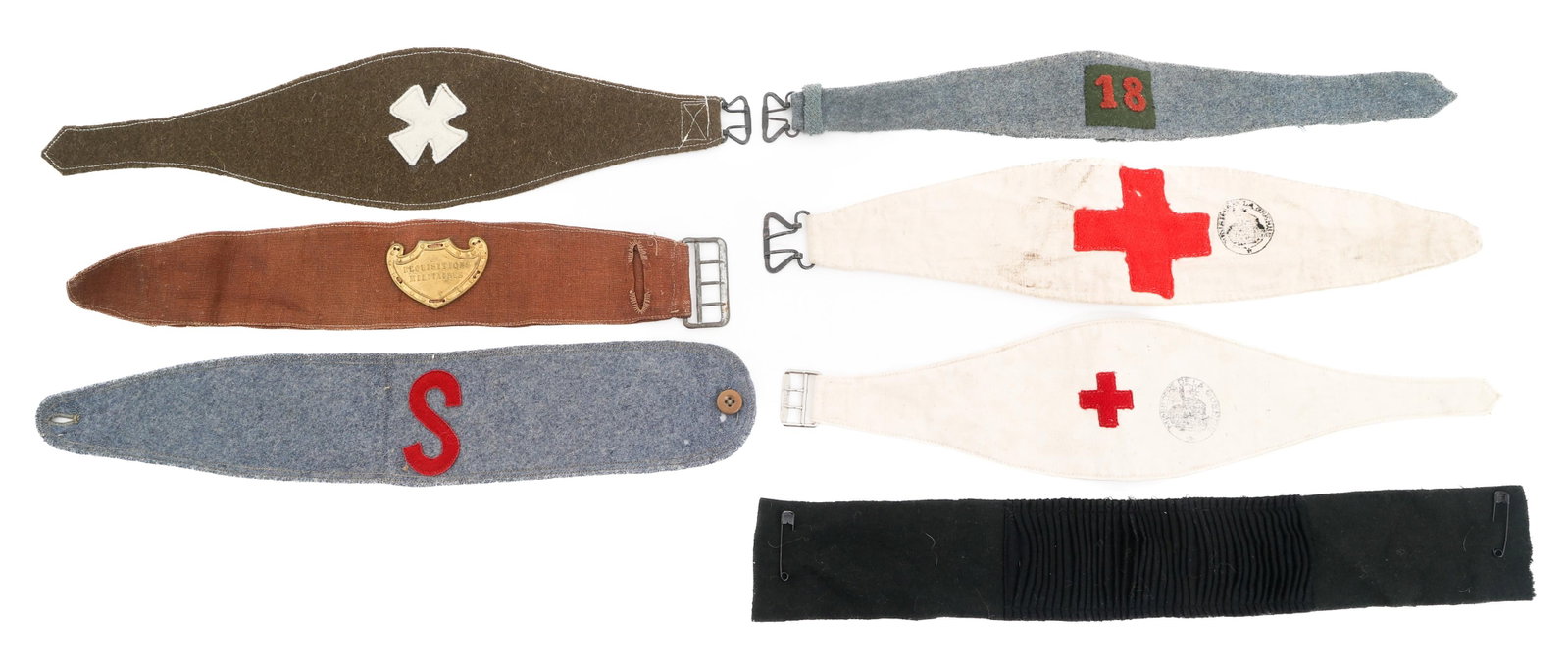 WWI FRENCH BRANCARDIER, RED CROSS & REGT ARMBANDS: WWI FRENCH BRANCARDIER, RED CROSS & REGT ARMBANDS WWI French Armbands. (1) Requisitions Militaires. Stamps present on the inside. (1) Brancardier. (2) Red Cross. (1) 18th Regiment. (1) Diver Regiment.