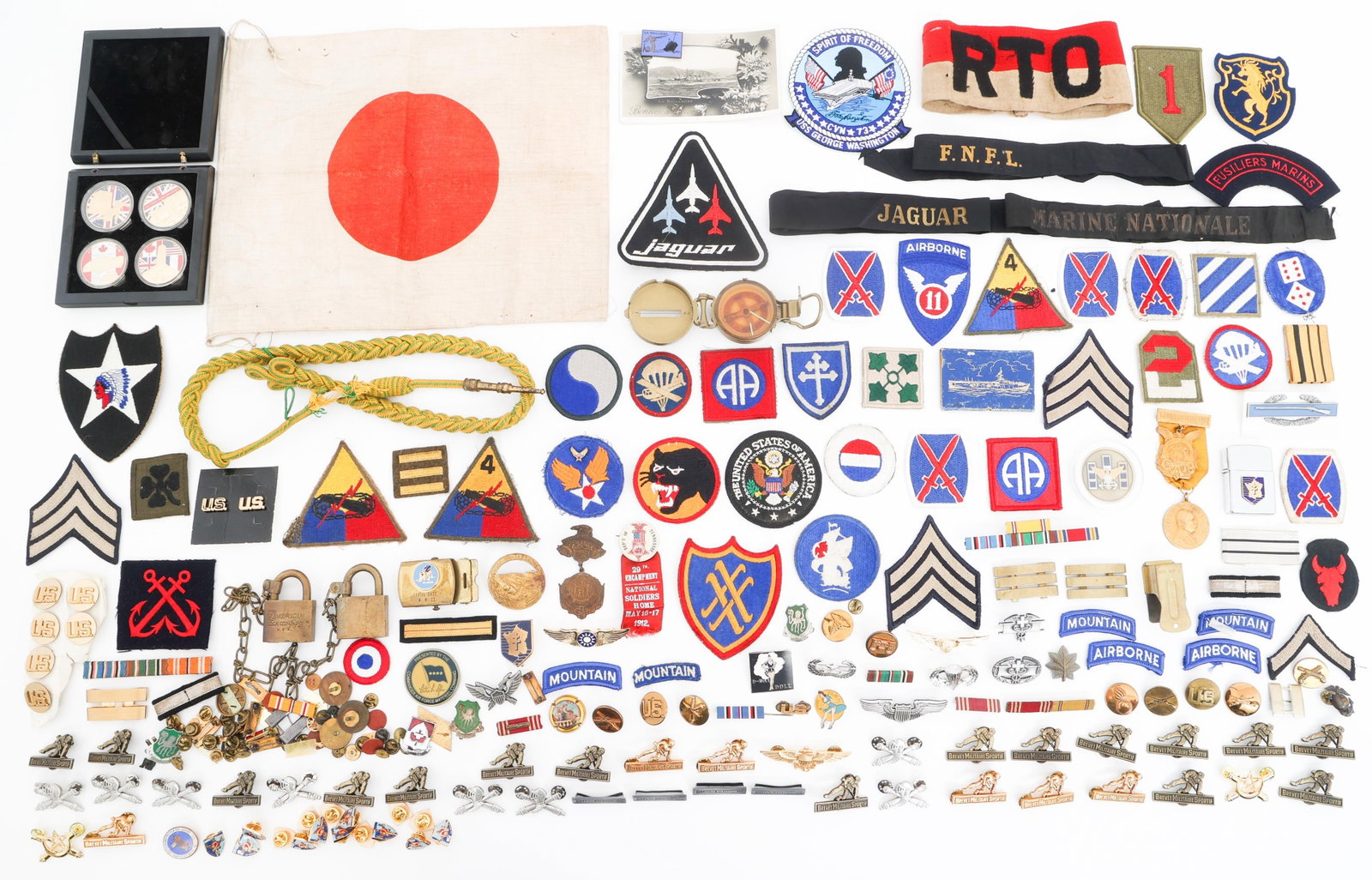 WWII - COLD WAR WORLD MILITARY INSIGNIA & FLAG: WWII - COLD WAR WORLD MILITARY INSIGNIA & FLAG WWII - Cold War World Military Insignia Bonanza and Flag. Includes Japanese National Flag, French Foreign Legion DUI Pins, D-Day Challenge Coin, 82nd Air