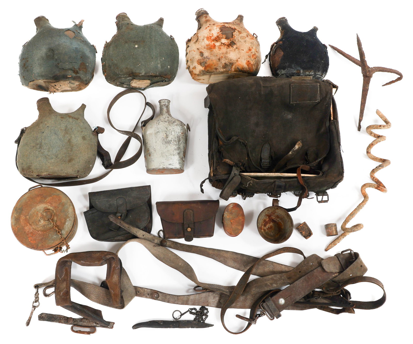 LATE 19th C. - WWI FRENCH CANTEENS & FIELD GEAR: LATE 19th C. - WWI FRENCH CANTEENS & FIELD GEAR Late 19th Century - WWI French Canteens and Field Gear. Includes Haversack, M1877 Canteen, M1915 Canteen, Ammunition Pouches, Belts, Straps and more.