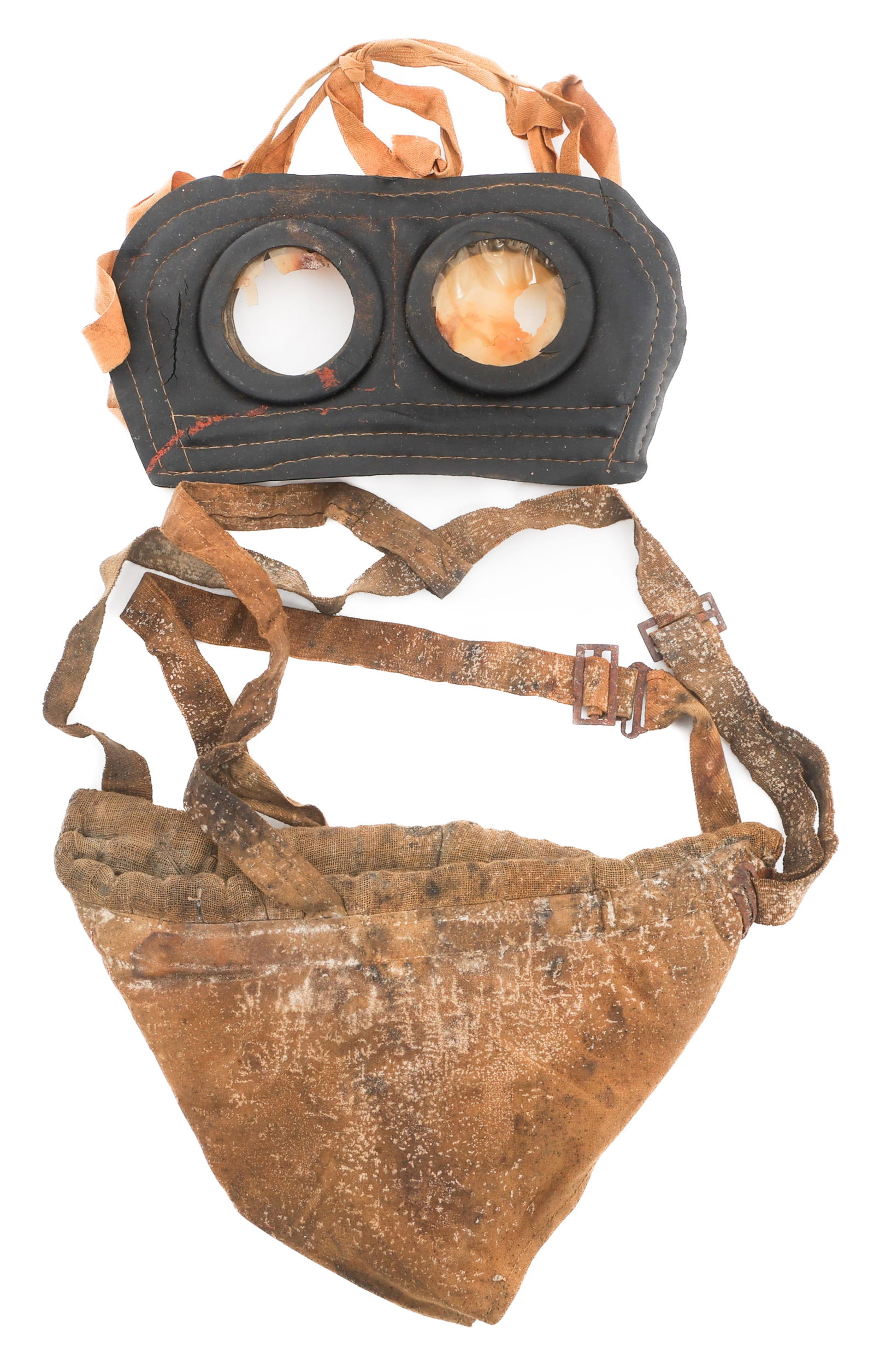 WWI FRENCH M1916 TAMPON MASK & LUNETTES: WWI FRENCH M1916 TAMPON MASK & LUNETTES Early WWI French M1916 Tampon Mask with Lunettes. (1) M1916 Tampon Mask. Includes Lunettes. One lens is broken. Straps present on both.