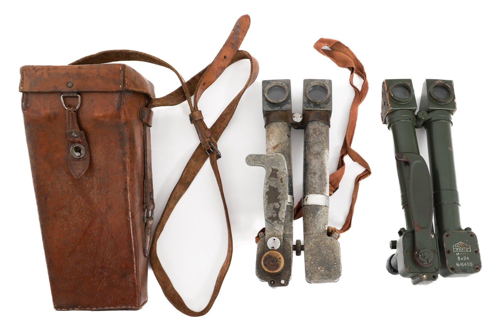 WWI FRENCH 8x24 TRENCH PERISCOPES: WWI FRENCH 8x24 TRENCH PERISCOPES WWI French "Rabbit Ears" 8 x 24 Trench Periscopes. (1) SRPI Periscope. Includes leather strap and case. (1) Huet Paris Periscope.
