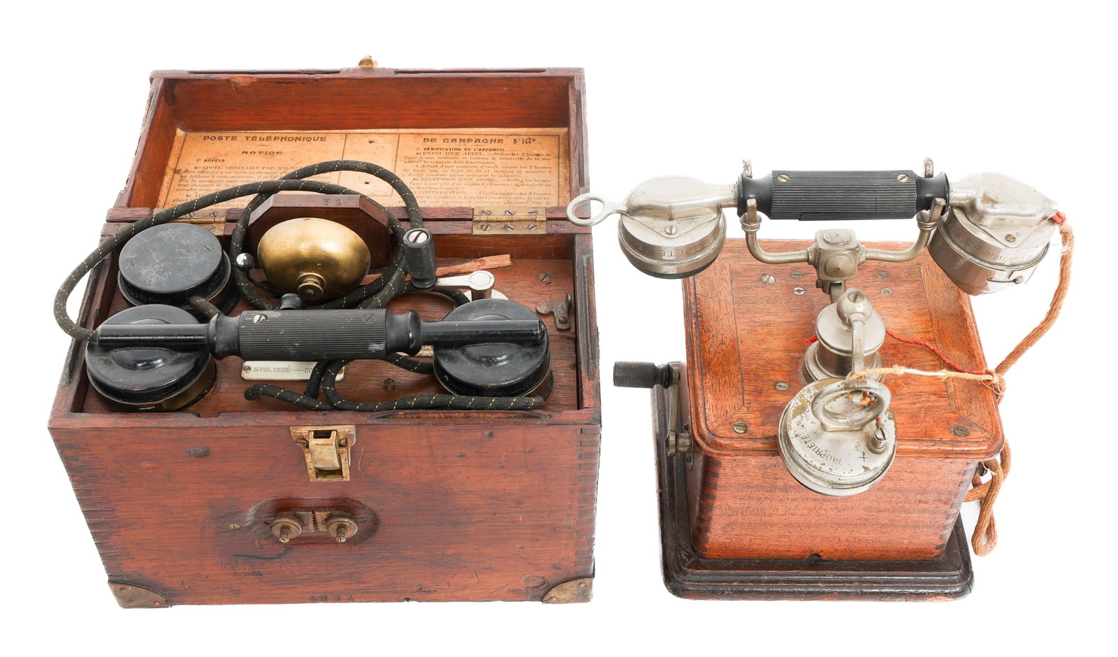 WWI FRENCH ARMY FIELD TELEPHONES: WWI FRENCH ARMY FIELD TELEPHONES WWI French Army Field Telephones. (1) Field Telephone. Maker plate present. (1) Box Telephone. Maker plate present. Size: Box: 8" x 5 1/2" x 10 1/2 Weight: 20 lbs.