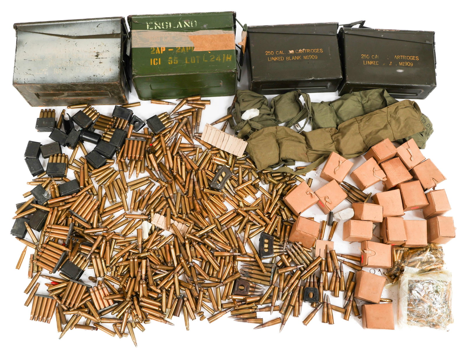 WORLD MILITARY BLANK & LIVE AMMUNITION: WORLD MILITARY BLANK & LIVE AMMUNITION WWI - Cold War World Military Blank, Inert and Live Ammunition Rounds. Includes .380, Lebel 8mm, .30 carbine, 8x50mm and more. Ammunition cans included. Approxim