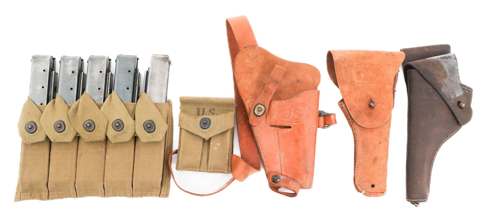WWI - WWII US ARMY LEATHER HOLSTER & THOMPSON MAGS: WWI - WWII US ARMY LEATHER HOLSTER & THOMPSON MAGS WWI - WWII US Army Leather Holsters and 45 ACP Thompson magazines. (1) WWII M1916 leather holster, maker marked Craton & Knight Co. 1943. (1) WWII M3