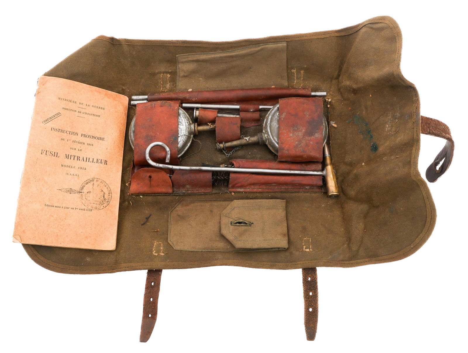 WWI FRENCH CHAUCHAT MACHINE GUN TOOL KIT & MANUAL: WWI FRENCH CHAUCHAT MACHINE GUN TOOL KIT & MANUAL WWI French Chauchat Machine Gun Tool Kit and Manual. All tools present. One rod has 8mm cartridge fixed to the end.