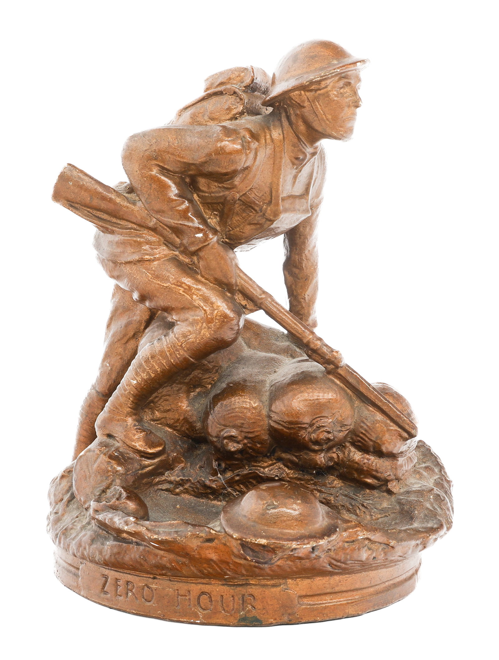 WWI US COMMEMORATIVE "ZERO HOUR" BRASS STATUE: WWI US COMMEMORATIVE "ZERO HOUR" BRASS STATUE WWI US Commemorative "Zero Hour" Cast Brass Statue. Copyright 1930 by E.M. Viquesney. Maker marked by World War Memorial Association, Spencer, Indiana on 