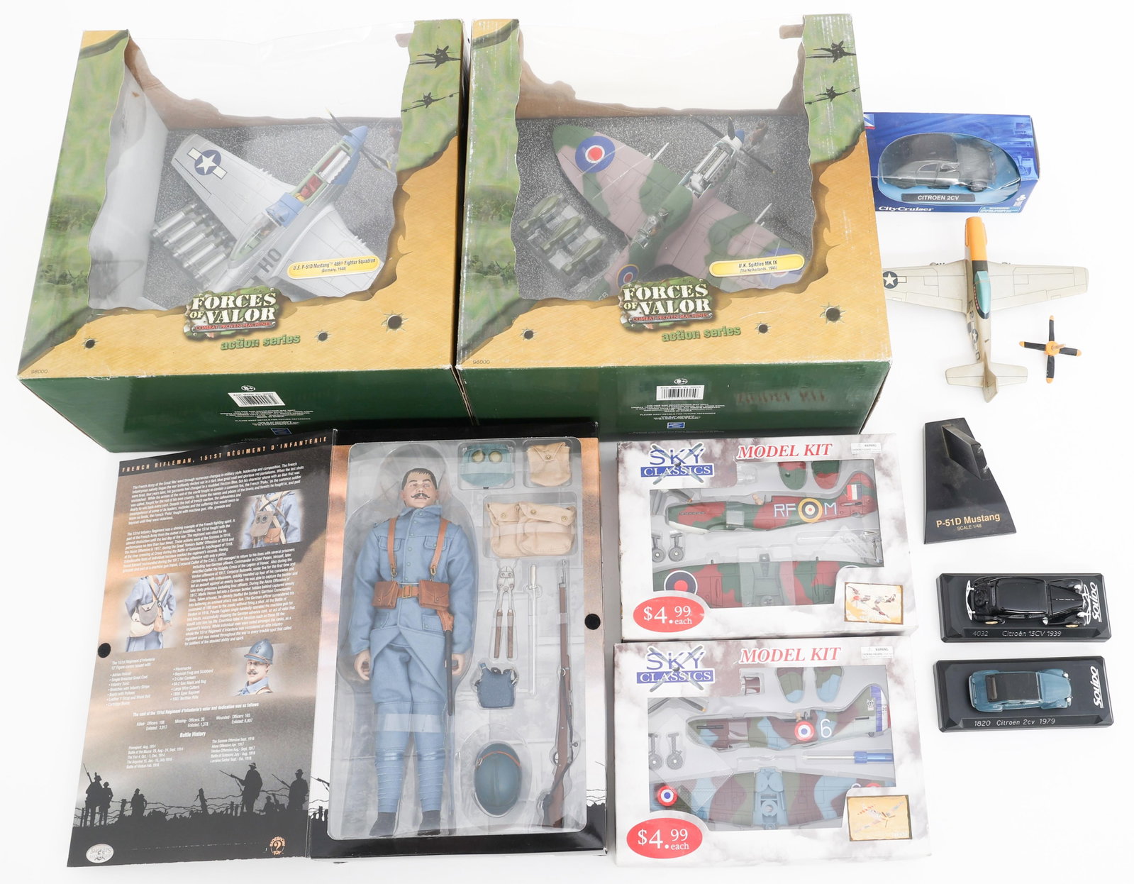 WWI FRENCH SOLDIER FIGURE - WWII AIRPLANE & TOYS: WWI FRENCH SOLDIER FIGURE - WWII AIRPLANE & TOYS WWI French Toy Soldier and Airplane Models. (1) WWI French rifleman, 151st infantry regiment, 12" collectible figure by Sideshow Toy. (1) P51D Mustang 