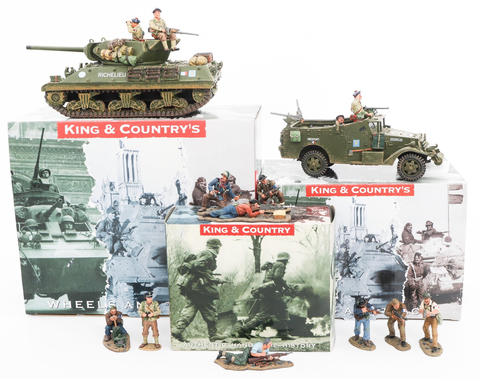 KING & COUNTRY 60MM COLLECTIBLE FIGURES & VEHICLES: KING & COUNTRY 60MM COLLECTIBLE FIGURES & VEHICLES WWII King & Country Collectible Figures. Hand-painted all metal (lead/tin alloy) 60mm collectible figures and vehicles. Includes references: (1) DD10