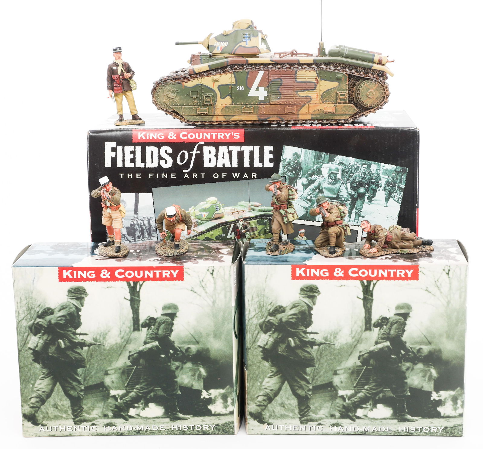 KING & COUNTRY FIELDS OF BATTLE FRENCH FIGURES: KING & COUNTRY FIELDS OF BATTLE FRENCH FIGURES King & Country WWII French Soldier Figures. All-metal, hand-painted 60mm collectible figures. Includes references: FOB009; DD089 and DD091. Includes orig