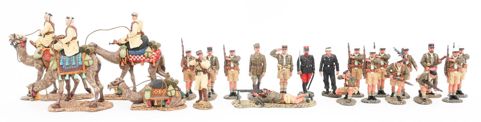 KING & COUNTRY FRENCH 8th ARMY & CAMEL REGT FIGURE: KING & COUNTRY FRENCH 8th ARMY & CAMEL REGT FIGURE King & Country French Figures. Hand-painted all metal (lead/tin alloy) 60mm collectible figures. Includes: (16) Figures of the French Foreign Legion,