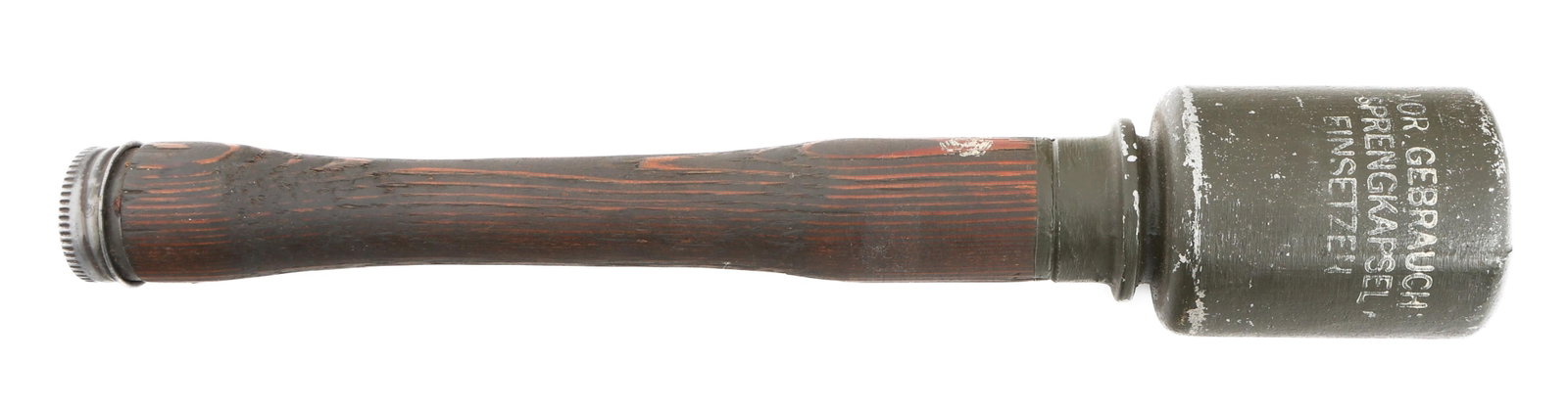 WWII GERMAN M24 STICK GRENADE DUMMY TRAINER: WWII GERMAN M24 STICK GRENADE DUMMY TRAINER WWII German M24 "Potato Masher" Training Stick Grenade. One-piece, painted alloy construction with wood handle and screw cap. Waffenamt stamp on the handle 