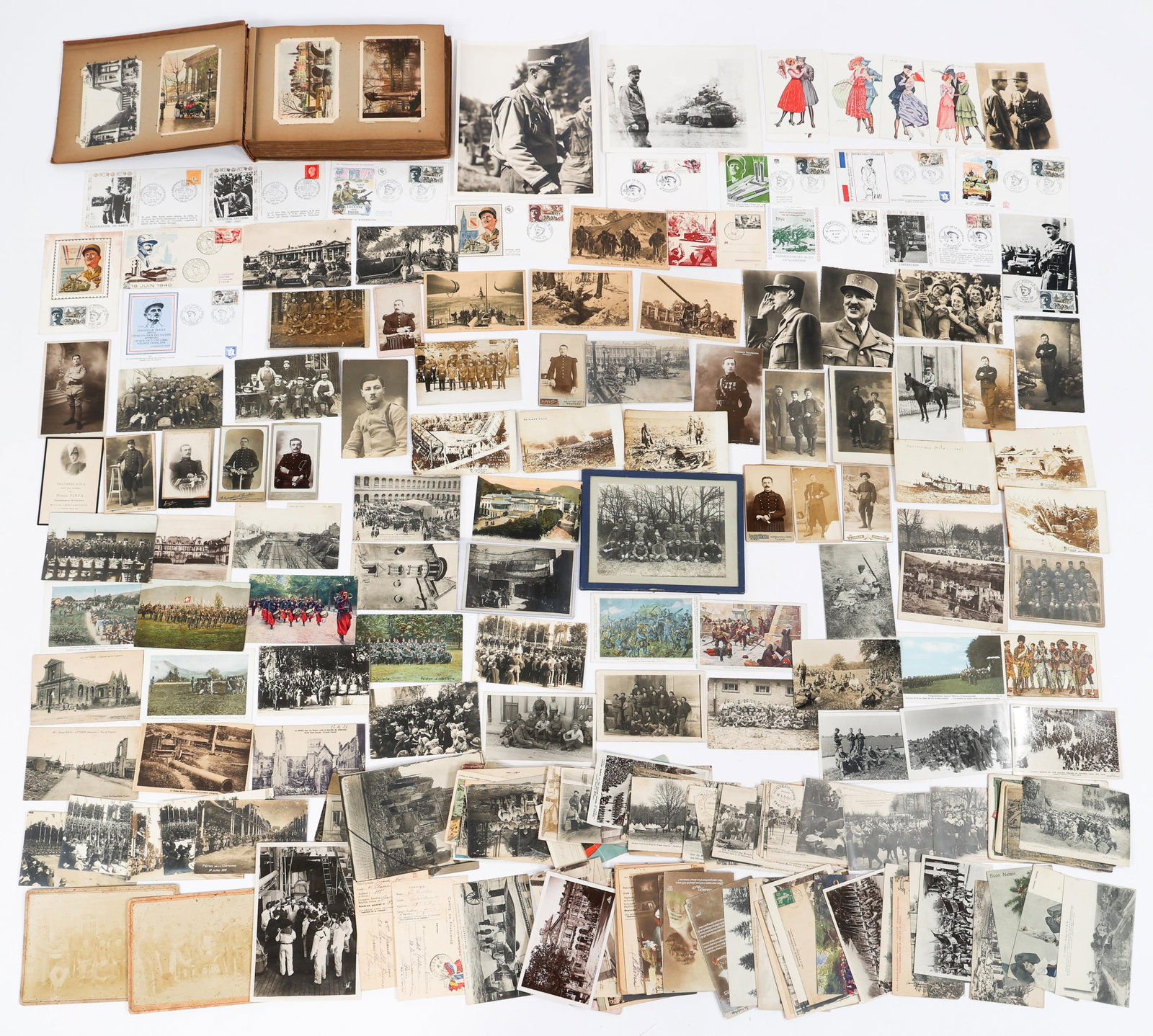 WWI - WWII FRENCH PHOTOGRAPHS, ALBUM & POSTCARDS: WWI - WWII FRENCH PHOTOGRAPHS, ALBUM & POSTCARDS WWI - WWII French Photographs, Album and Postcards. Albums contains various French postcards. Photographs include wartime, R&R, training, studio and mo