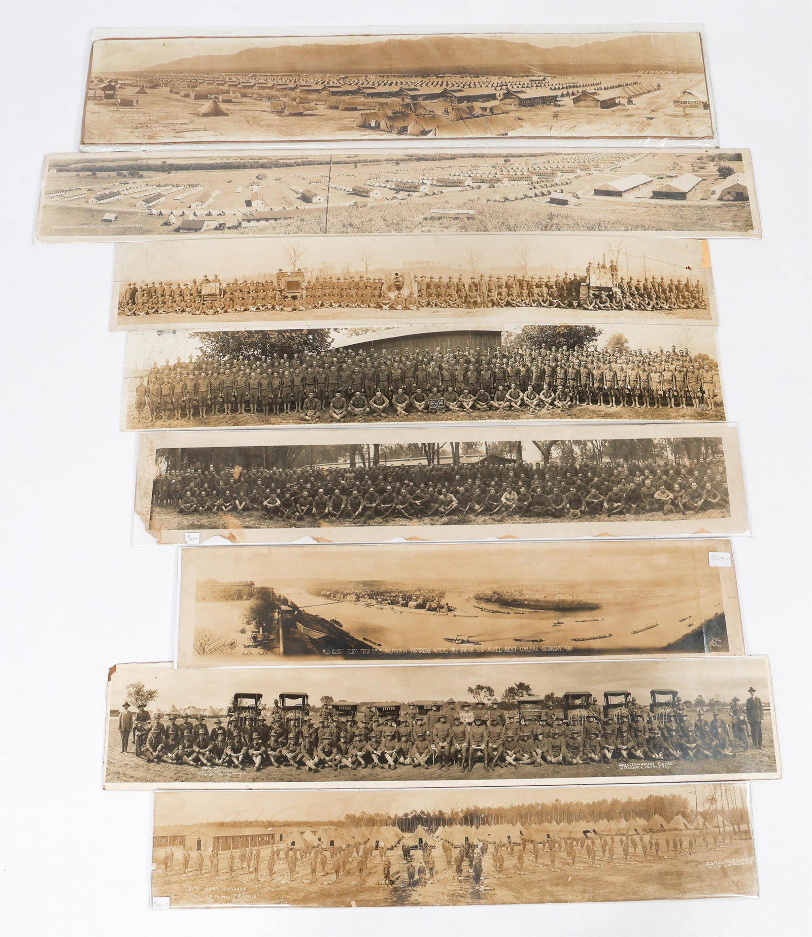 WWI US ARMED FORCES YARD LONG PHOTOGRAPHS: WWI US ARMED FORCES YARD LONG PHOTOGRAPHS Eight WWI US Armed Forces Yard Long Photographs. Includes unit photos, camp photos, Ehrenbreitstein Fortress, and more. Size: 7" to 10" x 37 1/2" to 54 1/2".