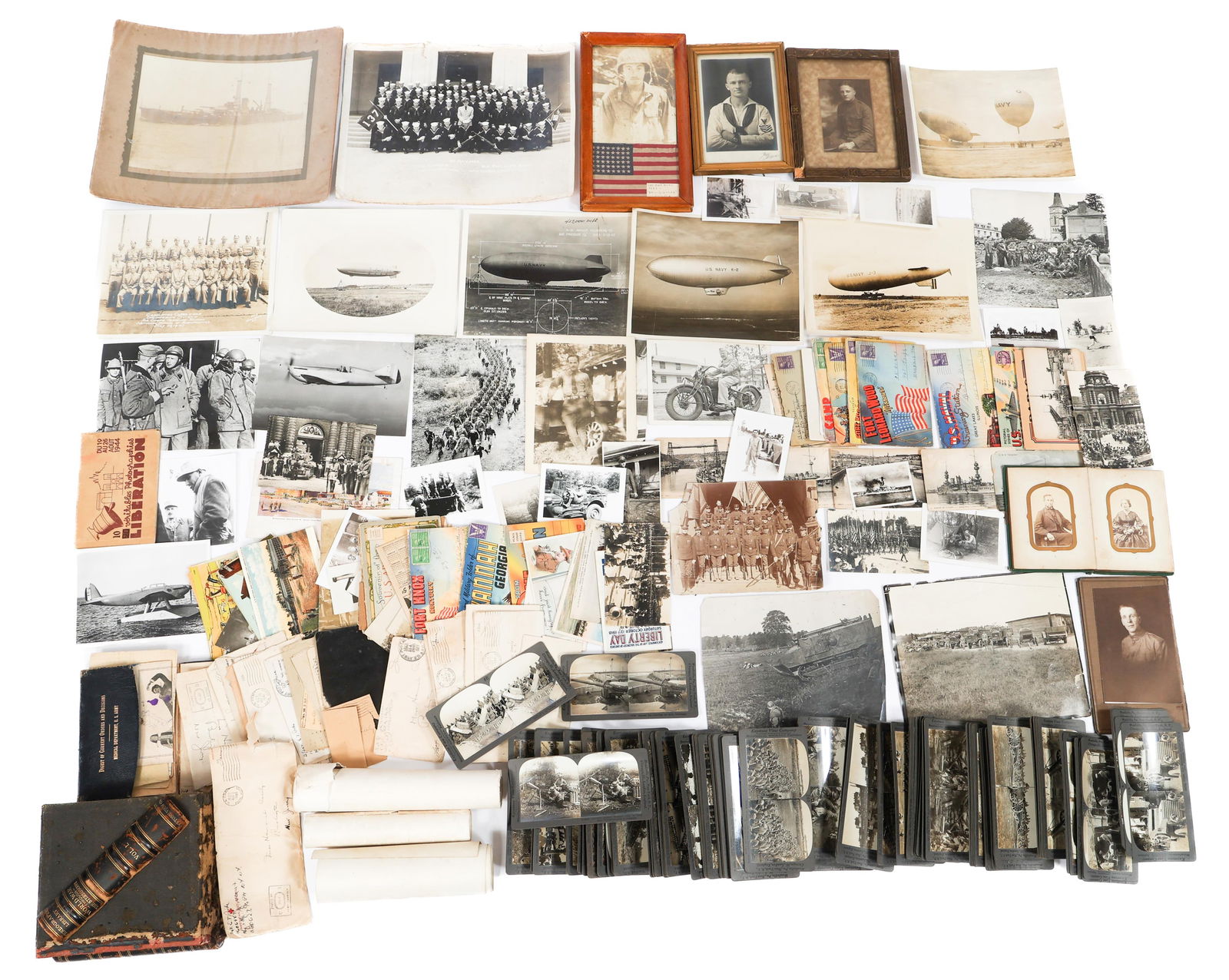 WWI - WWII US ARMED FORCES PHOTOS & POSTCARDS: WWI - WWII US ARMED FORCES PHOTOS & POSTCARDS WWI - WWII US Armed Forces Photos & Postcards. Includes yard long photos, farmed portraits, stereoscope card set, naval photos, aerial photos, liberation