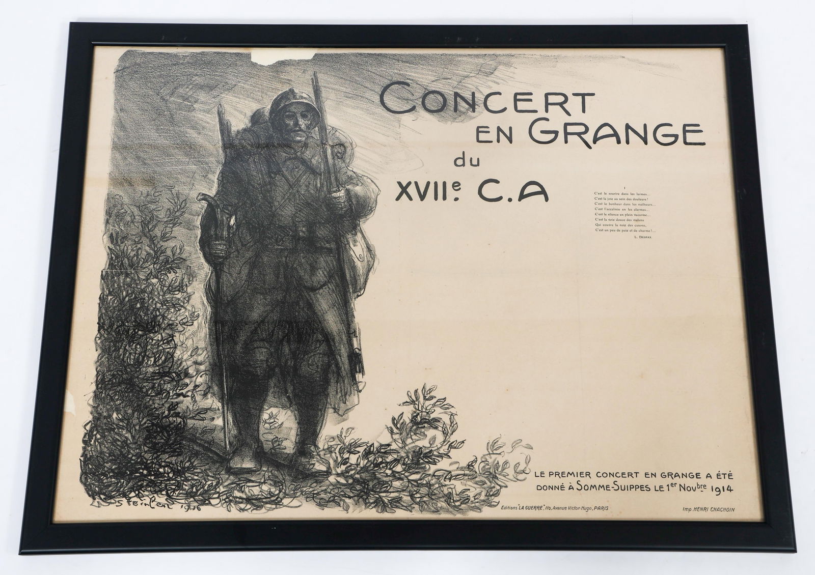 WWI FRENCH HOMEFRONT POSTER: WWI FRENCH HOMEFRONT POSTER Wood and Glass Framed WWI French "Concert En Grange" Homefront Poster. Dated 1916. Size: 26" x 34"