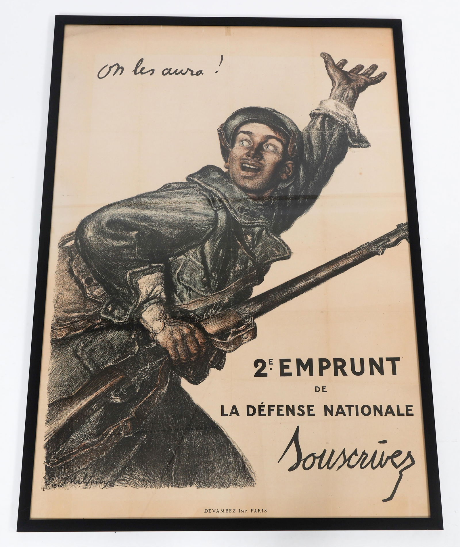 WWI FRENCH HOMEFRONT POSTER: WWI FRENCH HOMEFRONT POSTER Framed WWI French "2nd Emprunt De La Defense Nationale" Homefront Poster. Dated 1916. Marked by Devambez imp. Paris. Size: 46" X 32 1/2"