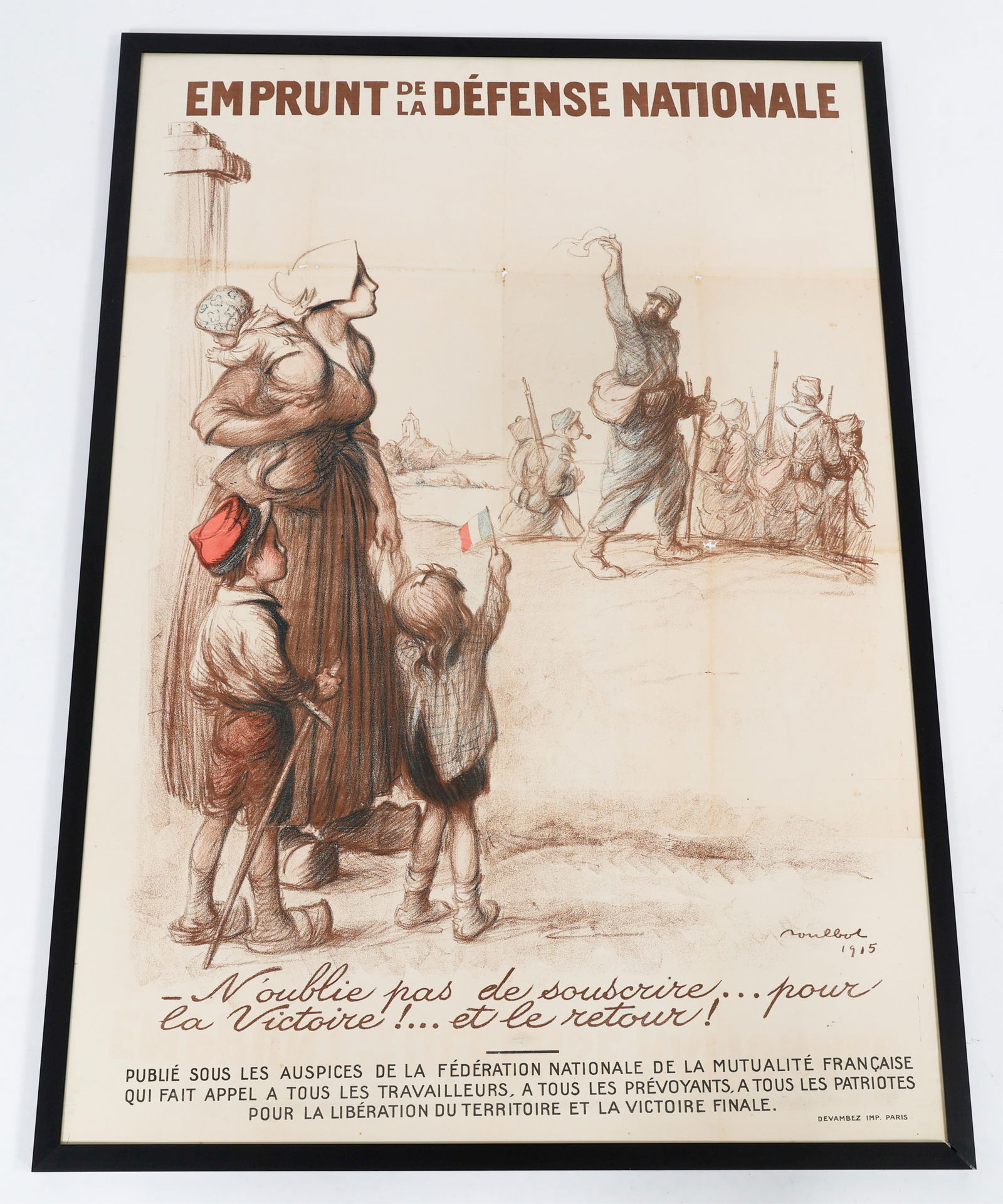 WWI FRENCH HOMEFRONT POSTER: WWI FRENCH HOMEFRONT POSTER Framed WWI French "Emprunt De La Defense Nationale" Homefront Poster. Dated 1915. Size: 46" x 32 1/2"