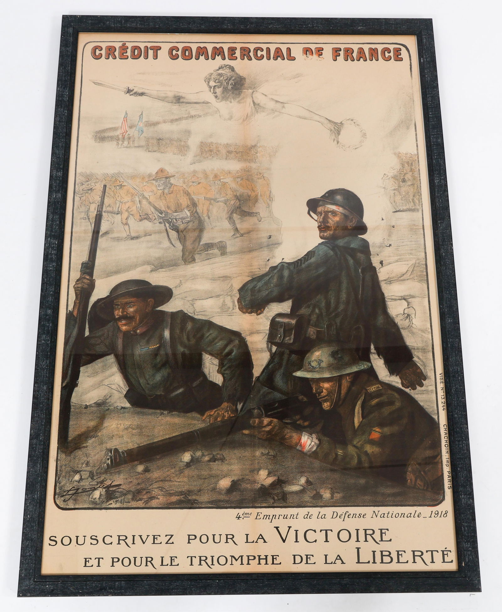 WWI FRENCH CREDIT COMMERCIAL DE FRANCE BOND POSTER: WWI FRENCH CREDIT COMMERCIAL DE FRANCE BOND POSTER WWI French Cr?dit Commercial de France War Bond Poster. Wooden frame. Visa no. 13370. Dated 1918. Size: 50" x 34"