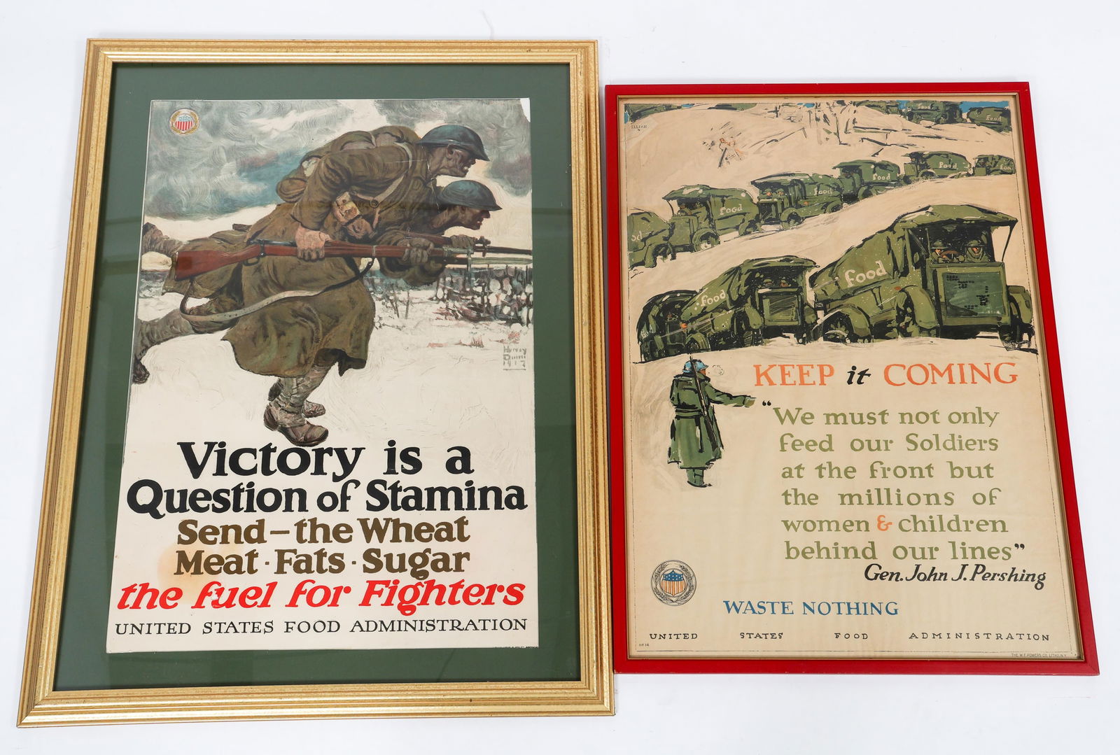 WWI US HOMEFRONT POSTERS: WWI US HOMEFRONT POSTERS Framed WWI US Homefront Posters. (1) "Victory is a Question of Stamina" US Food Administration Poster. Size: 34 1/2" x 27". (1) "Keep it Coming" US Food Administration Poster.