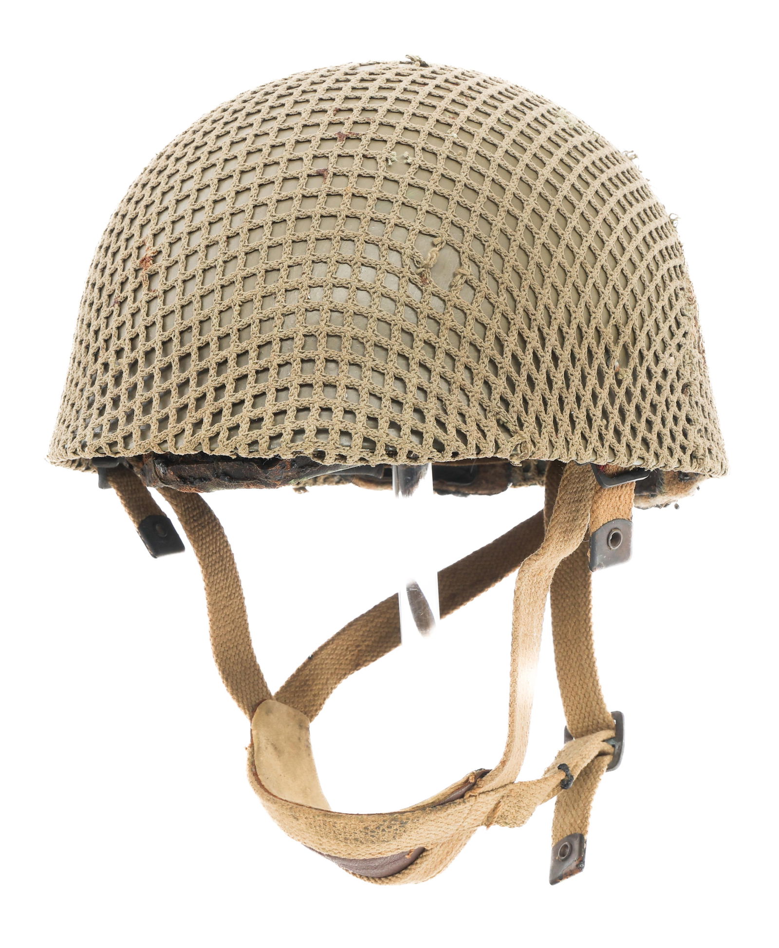WWII BRITISH MK II PARATROOPER PARTS HELMET: WWII BRITISH MK II PARATROOPER PARTS HELMET WWII British MKII Paratrooper Jump Helmet. Partially repainted inside shell with added on liner. No visible dates or maker mark. Camouflage netting.