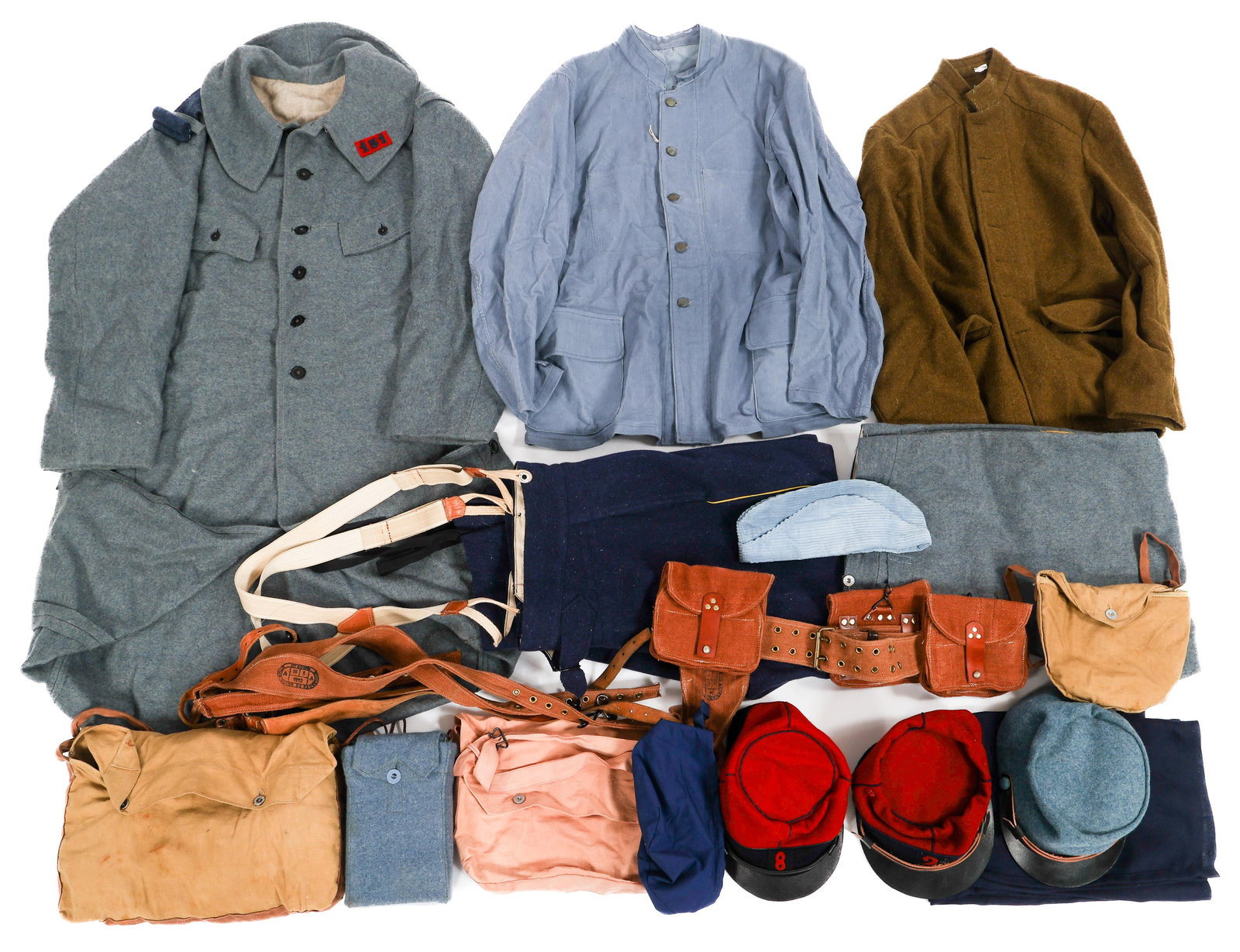 REENACTOR WWI FRENCH KEPIS & UNIFORM ITEMS: REENACTOR WWI FRENCH KEPIS & UNIFORM ITEMS Reenactor WWI French Kepis and Uniform Items. Includes Kepis, Overcoat, Tunics, Trousers, Bread Bag, Leather Cartridge Belt and more.