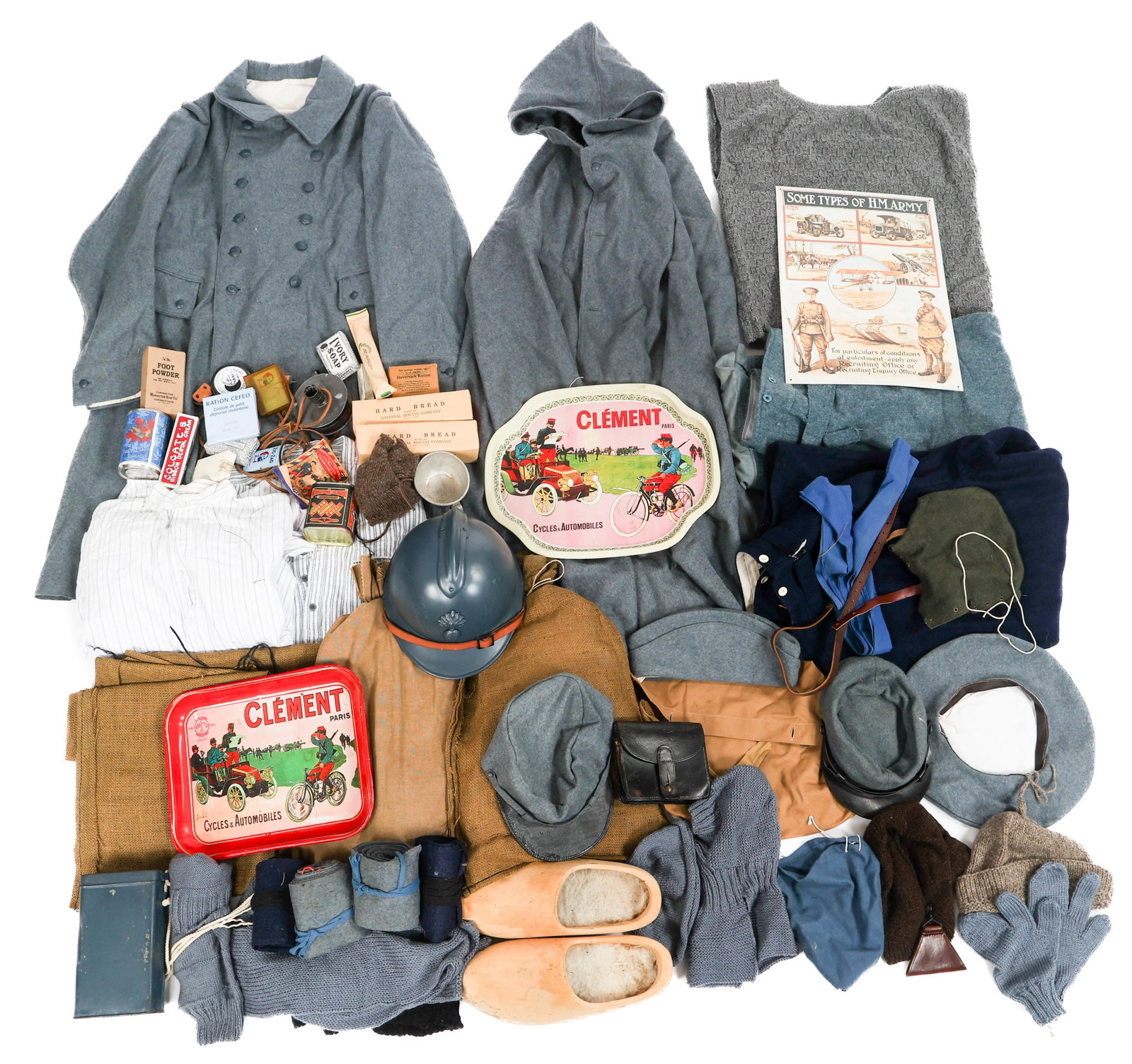 REENACTOR WWII FRENCH CHASSEUR UNIFORM ITEMS: REENACTOR WWII FRENCH CHASSEUR UNIFORM ITEMS Reenactor WWII French Chasseur Uniform Items. Includes Adrian helmet, kepi, Garrison caps, overcoats, tunics, trousers, wooden clogs, legging wraps and mor