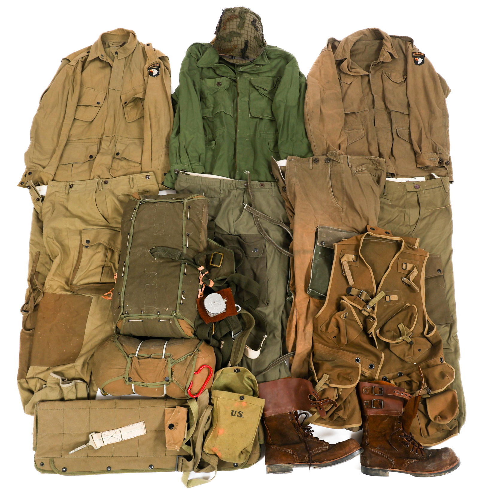 REENACTOR WWII US ARMY AIRBORNE UNIFORM ITEMS: REENACTOR WWII US ARMY AIRBORNE UNIFORM ITEMS Reenactor WWII US Army Airborne Uniform Items. Includes M1C Helmet, Jump Jackets, Reinforced Jump Pants, Double Buckle Boots, Parachute Packs, Rifle Bag a